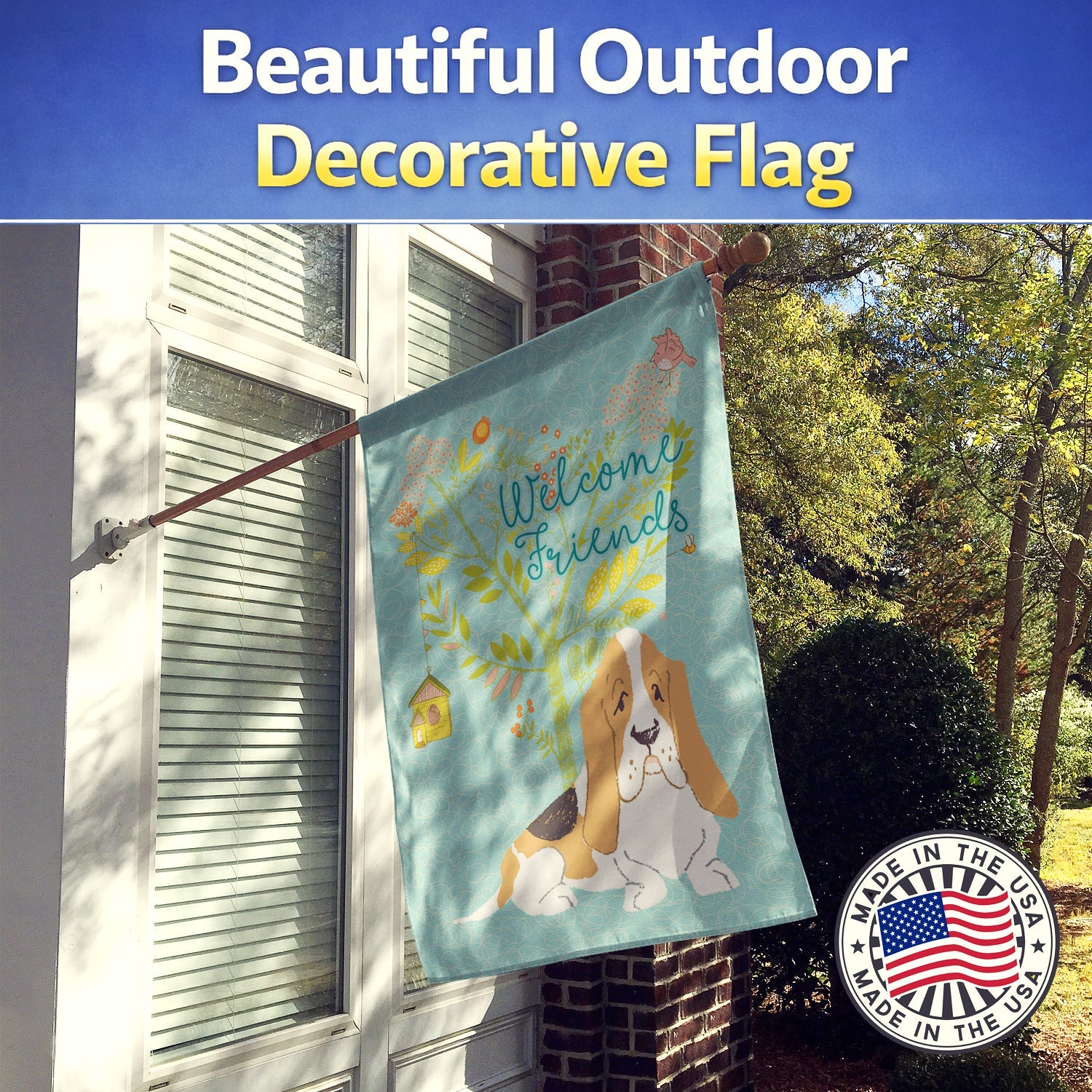 Welcome Friends Basset Hound House Flag 28x40 Porch Sleeve Pole Decorative Outside Yard Banner Artwork Wall Hanging, Polyester