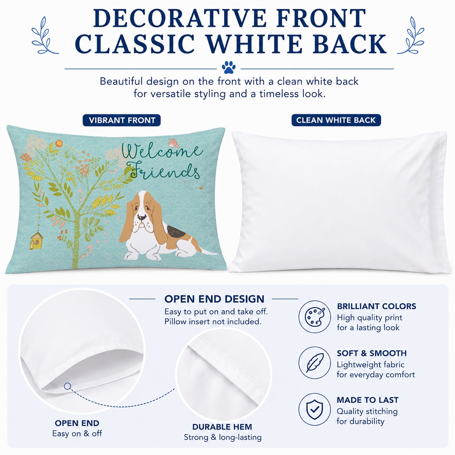 Welcome Friends Basset Hound Standard Pillowcase Lightweight Super Soft Easy Care Decorative Artwork Pillowcase, Standard