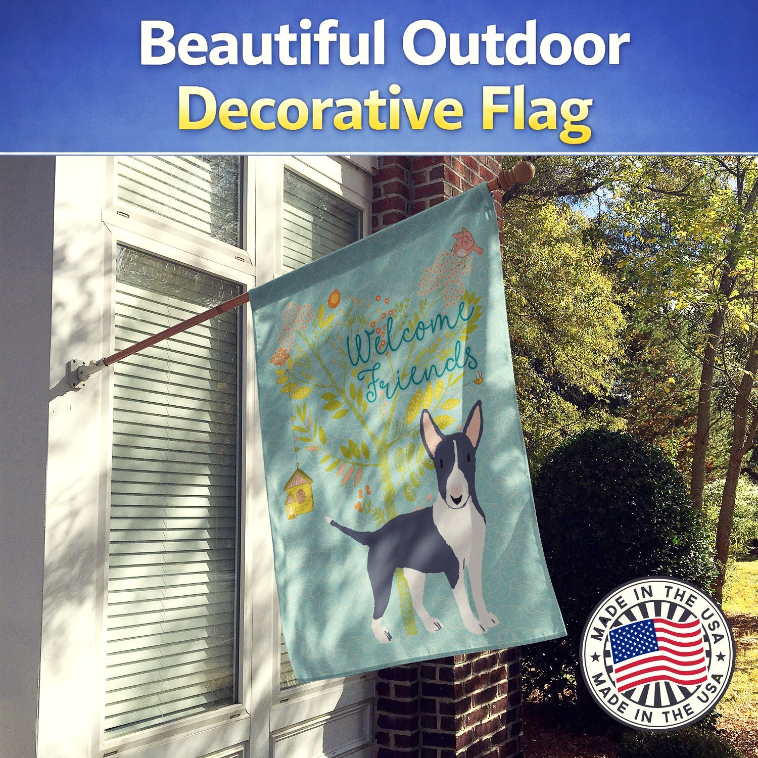 Welcome Friends Black Bull Terrier House Flag 28x40 Porch Sleeve Pole Decorative Outside Yard Banner Artwork Wall Hanging, Polyester