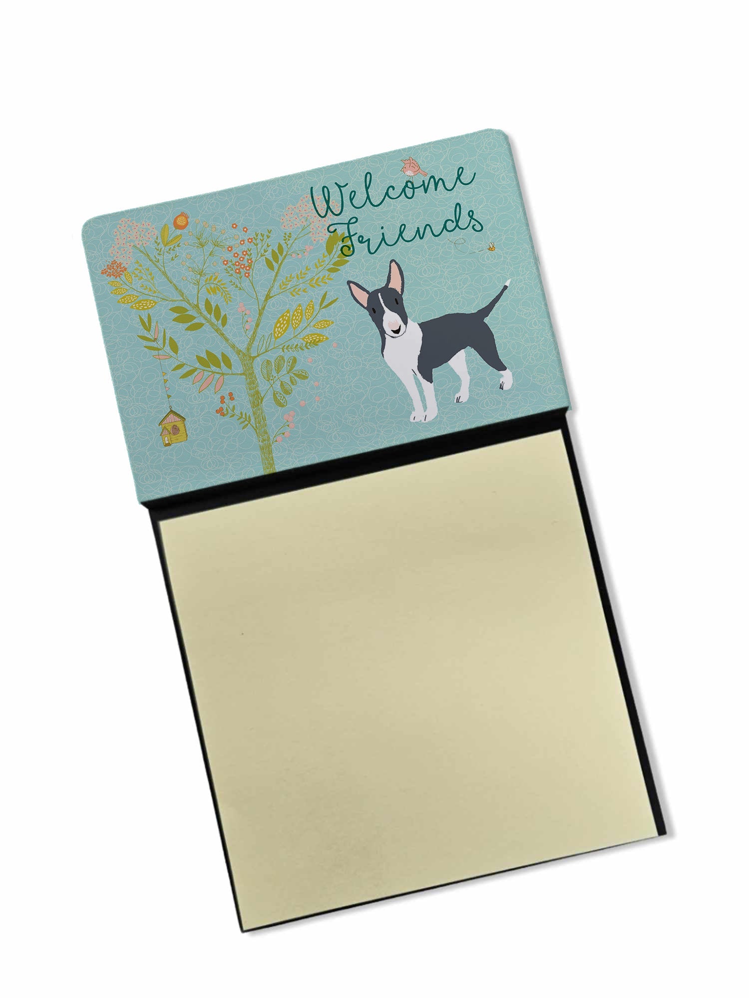 Welcome Friends Black Bull Terrier Watercolor Sticky Note Holder Refillable Dispenser Desk Accessory 3x3 Pad Gift