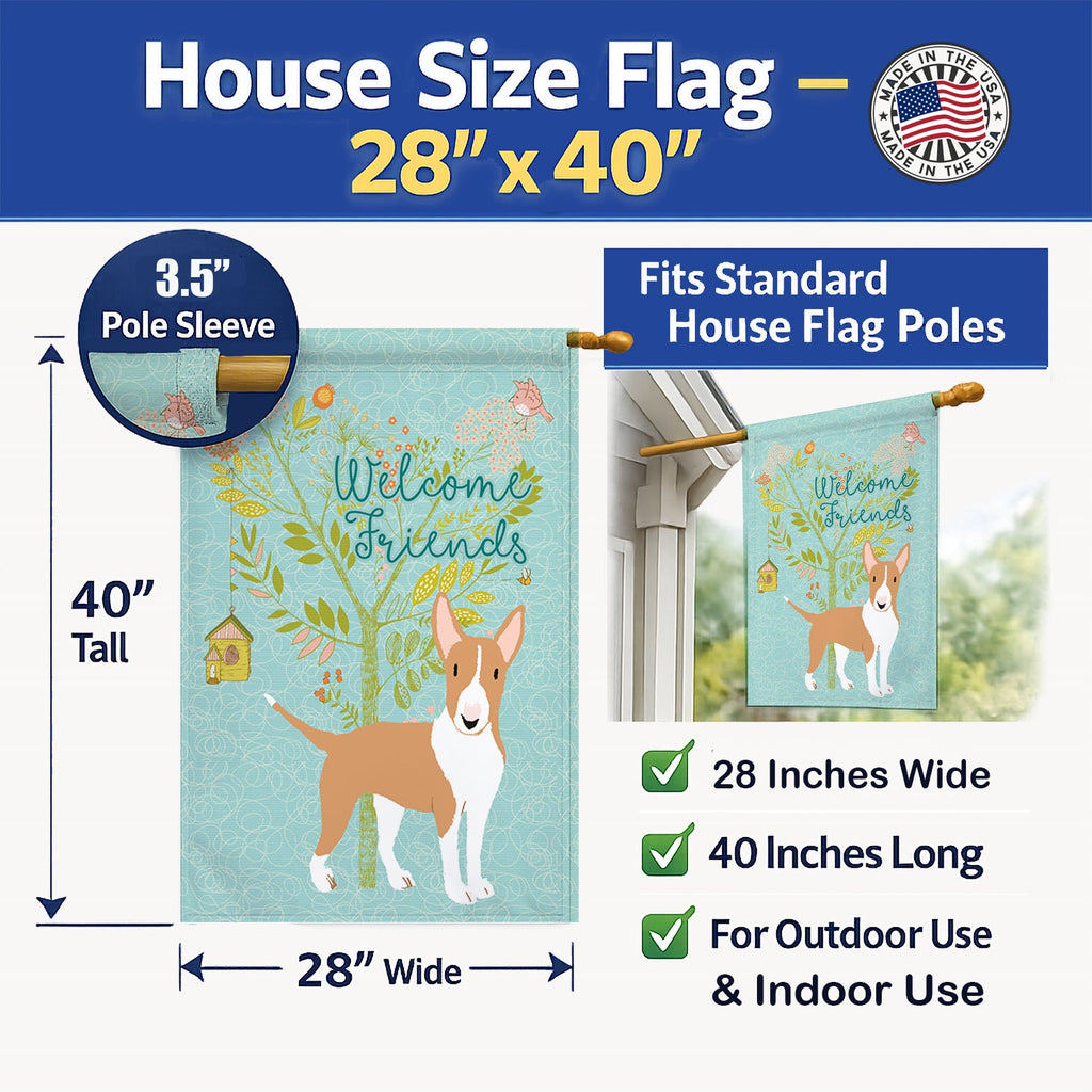 Welcome Friends Brown Bull Terrier House Flag 28x40 Porch Sleeve Pole Decorative Outside Yard Banner Artwork Wall Hanging, Polyester