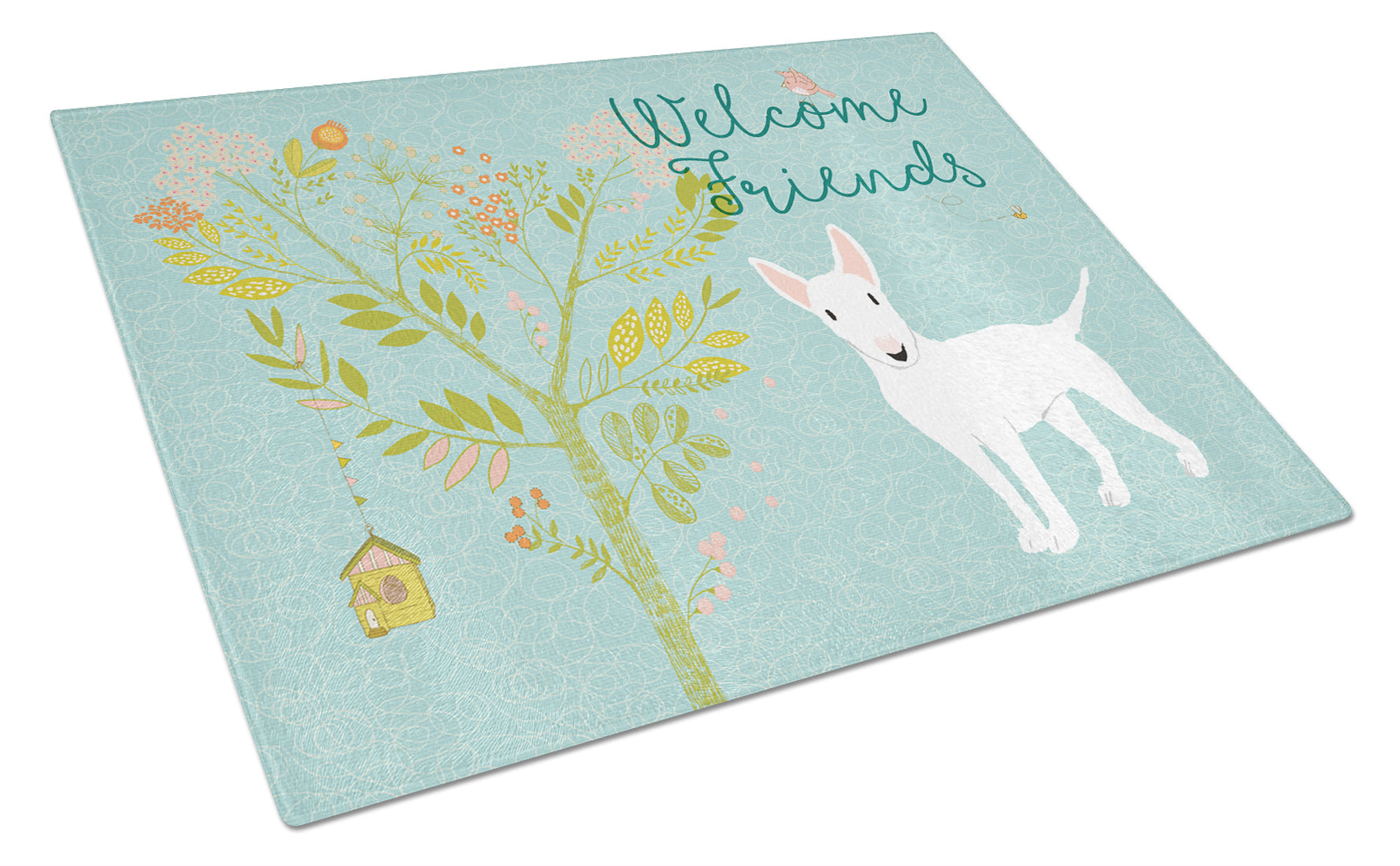 Welcome Friends White Bull Terrier Cutting Board Tempered Glass Kitchen Cutting Surface, Heat Resistant Chopping, Non-Slip Feet, Food Prep & Serving