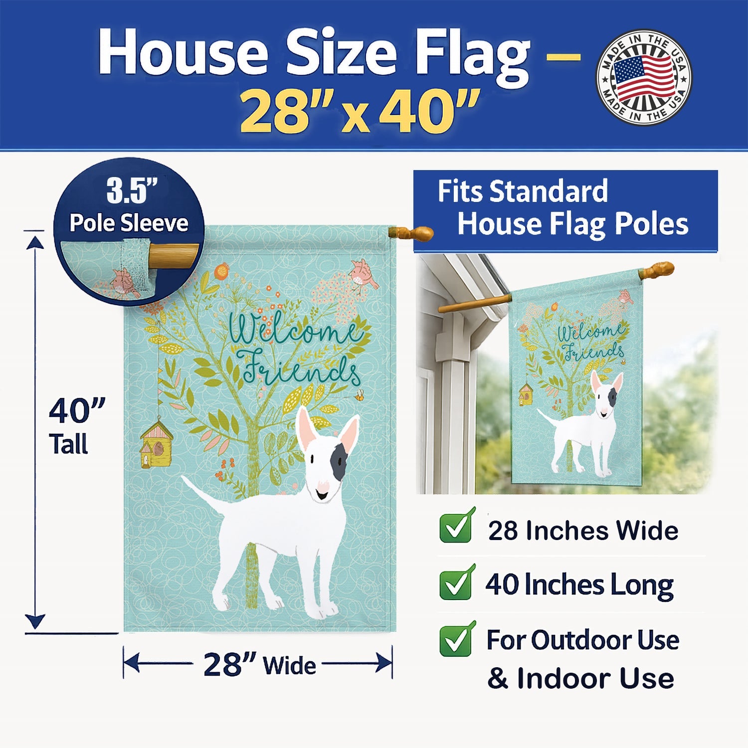 Welcome Friends White Patched Bull Terrier House Flag 28x40 Porch Sleeve Pole Decorative Outside Yard Banner Artwork Wall Hanging, Polyester