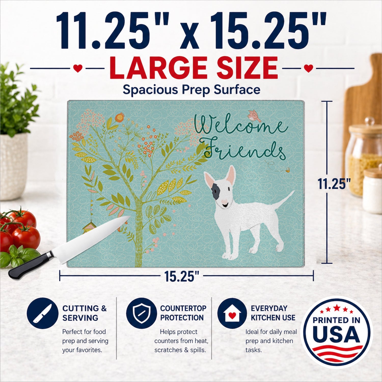 Welcome Friends White Patched Bull Terrier Cutting Board Tempered Glass Kitchen Cutting Surface, Heat Resistant Chopping, Non-Slip Feet, Food Prep & Serving