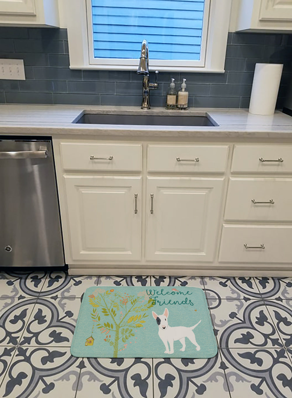 Welcome Friends White Patched Bull Terrier Memory Foam Kitchen Mat Machine Washable Anti-Fatigue Cushion Comfort Bath or Kitchen Rug