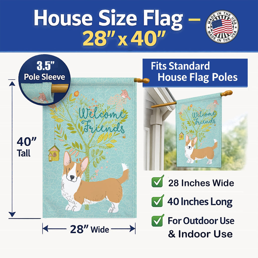 Welcome Friends Cardigan Welsh Corgi Red House Flag 28x40 Porch Sleeve Pole Decorative Outside Yard Banner Artwork Wall Hanging, Polyester
