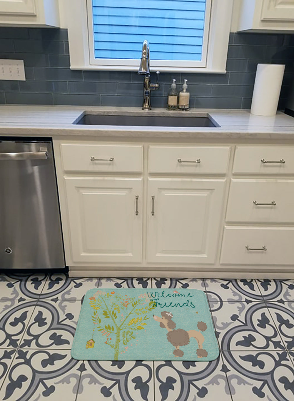 Welcome Friends Chocolate Poodle Memory Foam Kitchen Mat Machine Washable Anti-Fatigue Cushion Comfort Bath or Kitchen Rug