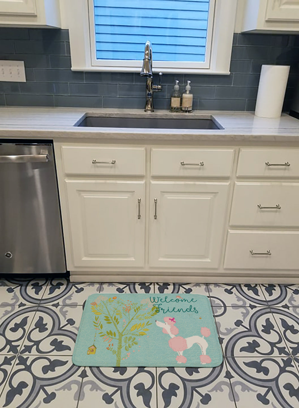 Welcome Friends Pink Poodle Memory Foam Kitchen Mat Machine Washable Anti-Fatigue Cushion Comfort Bath or Kitchen Rug