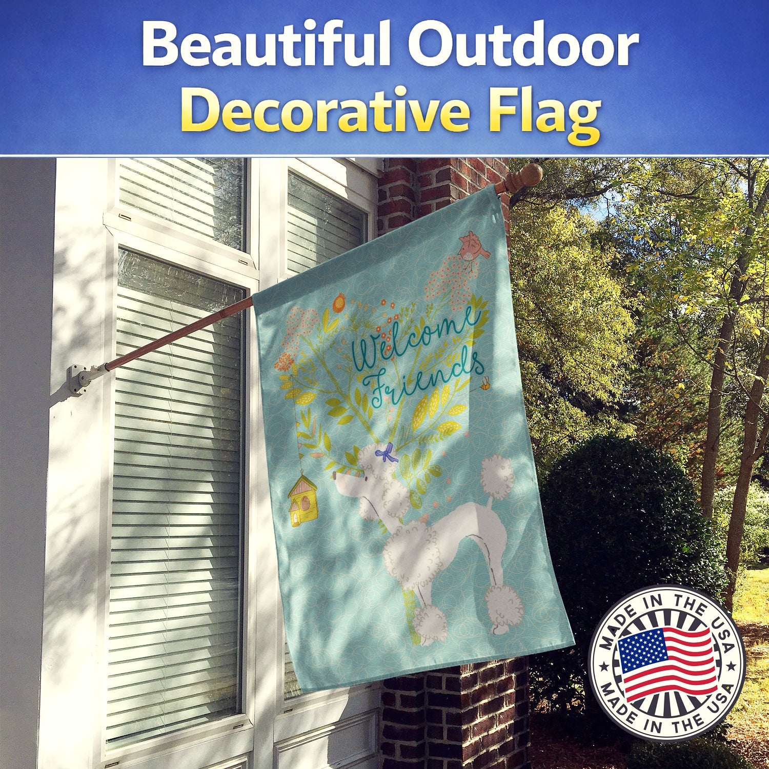 Welcome Friends White Poodle House Flag 28x40 Porch Sleeve Pole Decorative Outside Yard Banner Artwork Wall Hanging, Polyester