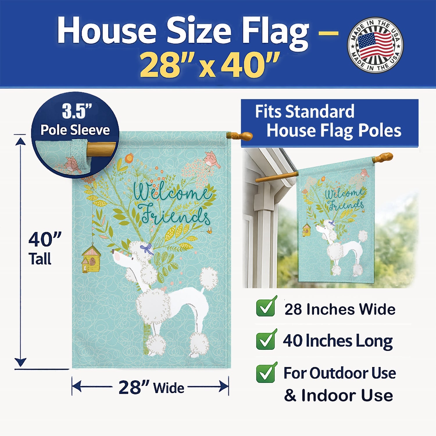 Welcome Friends White Poodle House Flag 28x40 Porch Sleeve Pole Decorative Outside Yard Banner Artwork Wall Hanging, Polyester