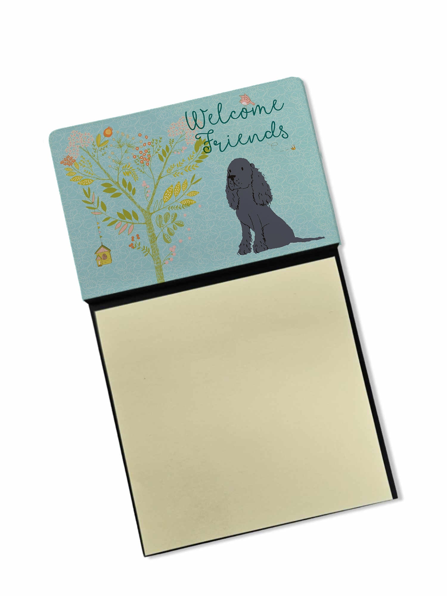 Welcome Friends Black Cocker Spaniel Watercolor Sticky Note Holder Refillable Dispenser Desk Accessory 3x3 Pad Gift