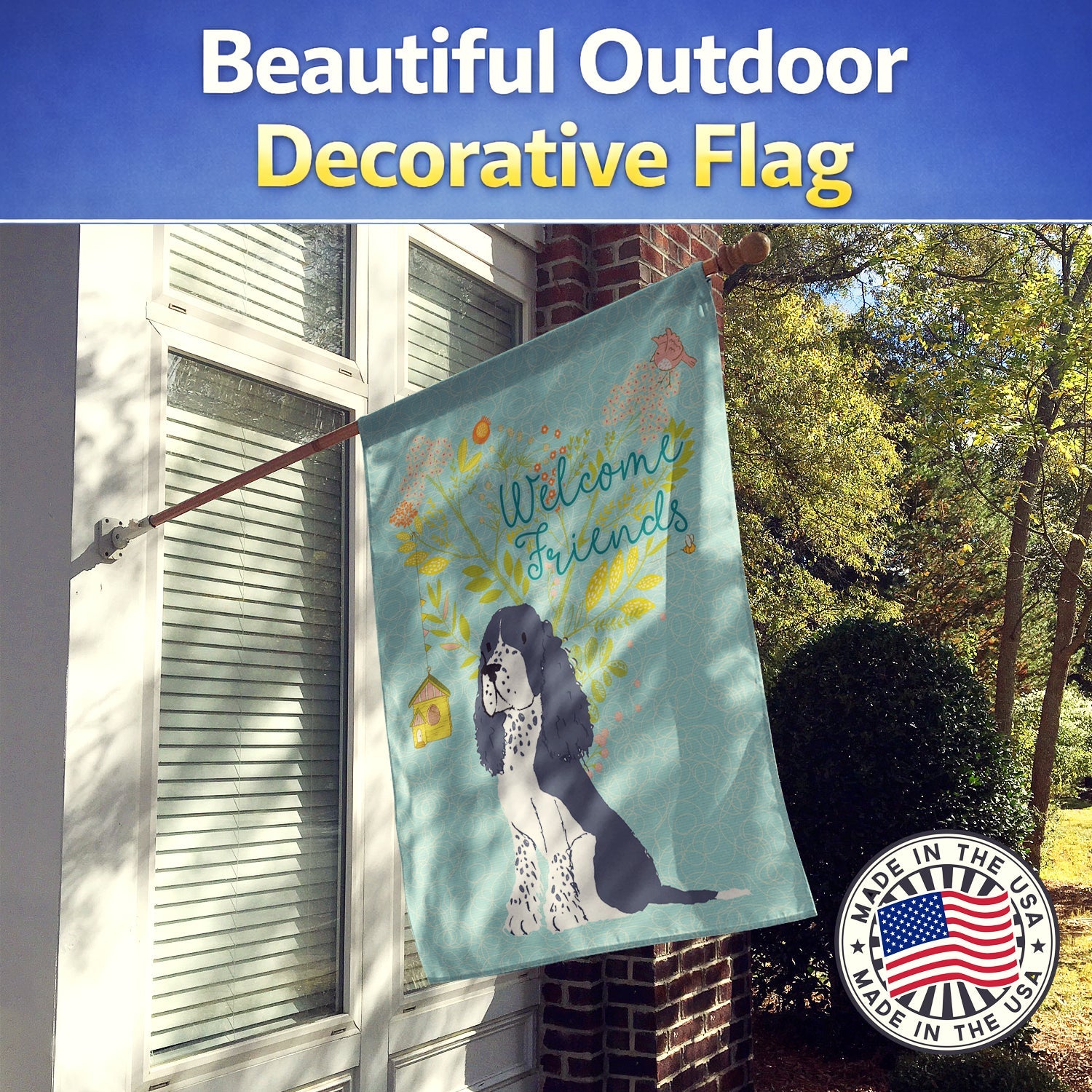 Welcome Friends Black Springer Spaniel House Flag 28x40 Porch Sleeve Pole Decorative Outside Yard Banner Artwork Wall Hanging, Polyester