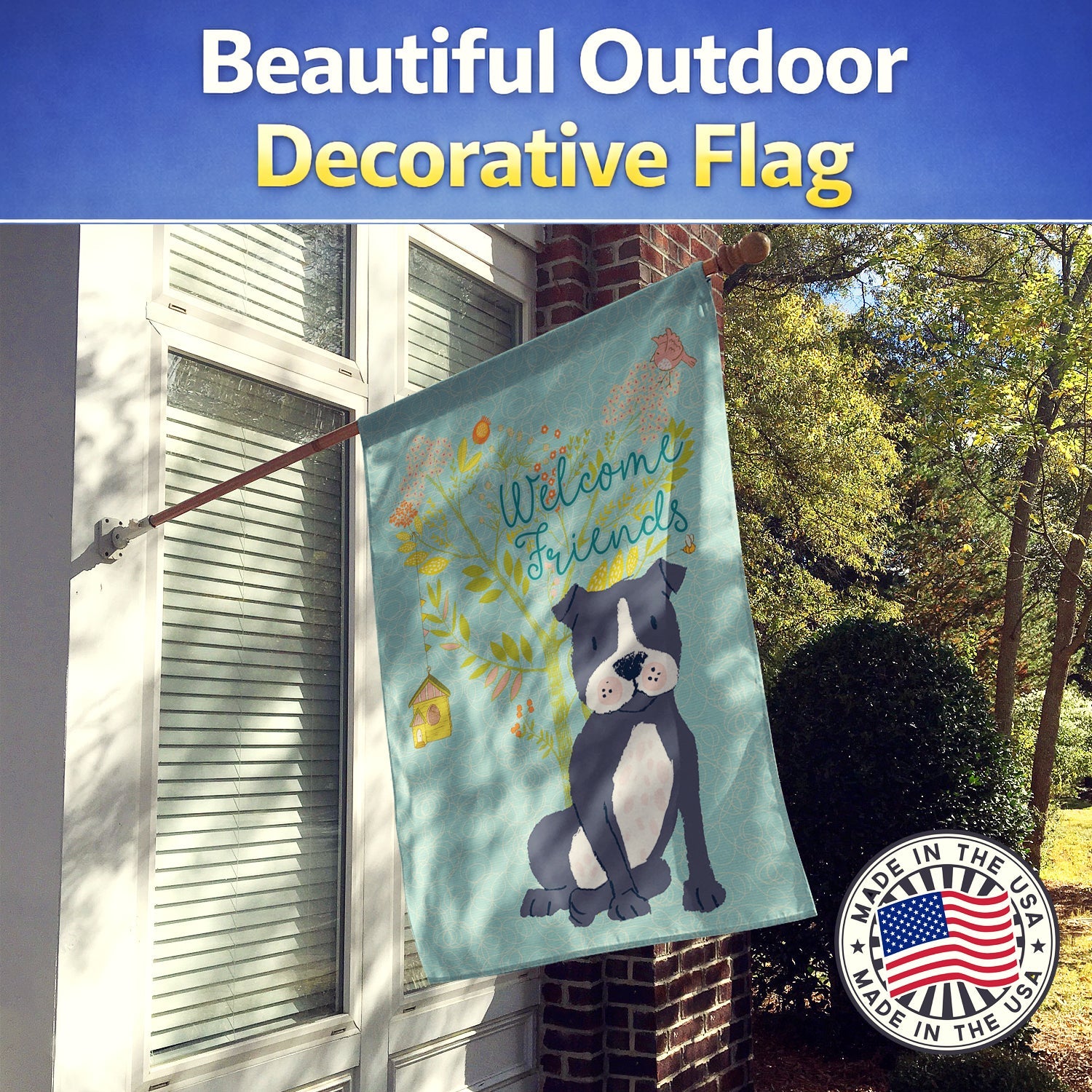 Welcome Friends Black Staffie House Flag 28x40 Porch Sleeve Pole Decorative Outside Yard Banner Artwork Wall Hanging, Polyester