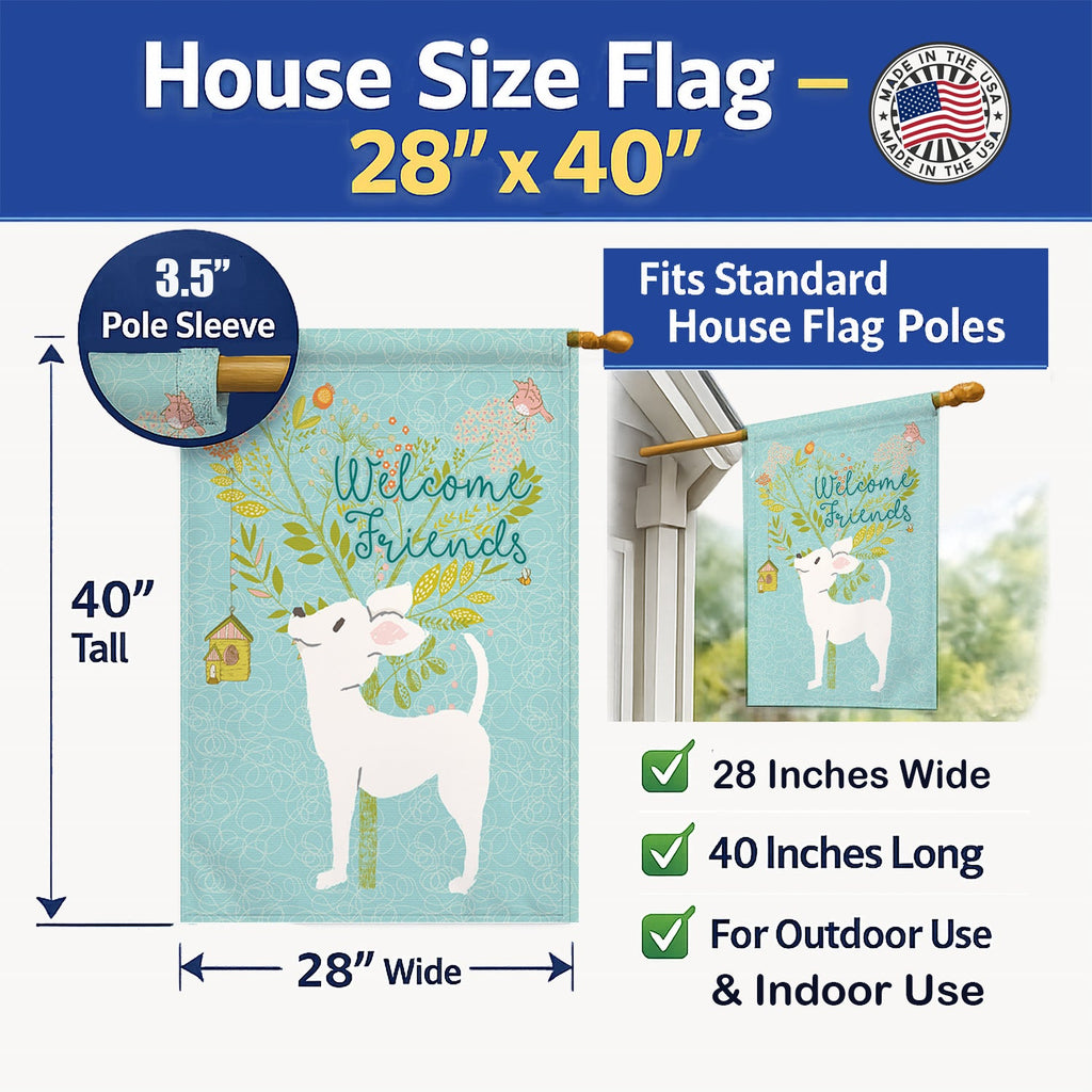 Welcome Friends White Chihuahua House Flag 28x40 Porch Sleeve Pole Decorative Outside Yard Banner Artwork Wall Hanging, Polyester