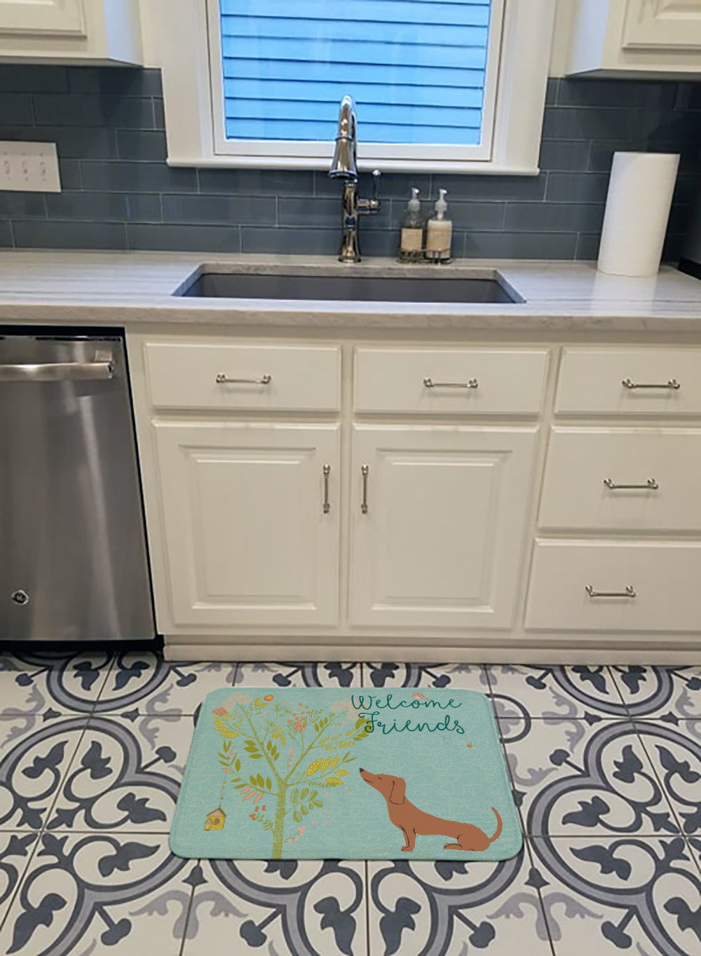 Welcome Friends Red Dachshund Memory Foam Kitchen Mat Machine Washable Anti-Fatigue Cushion Comfort Bath or Kitchen Rug