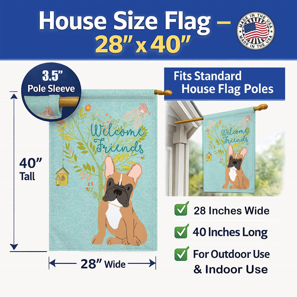 Welcome Friends Fawn French Bulldog House Flag 28x40 Porch Sleeve Pole Decorative Outside Yard Banner Artwork Wall Hanging, Polyester