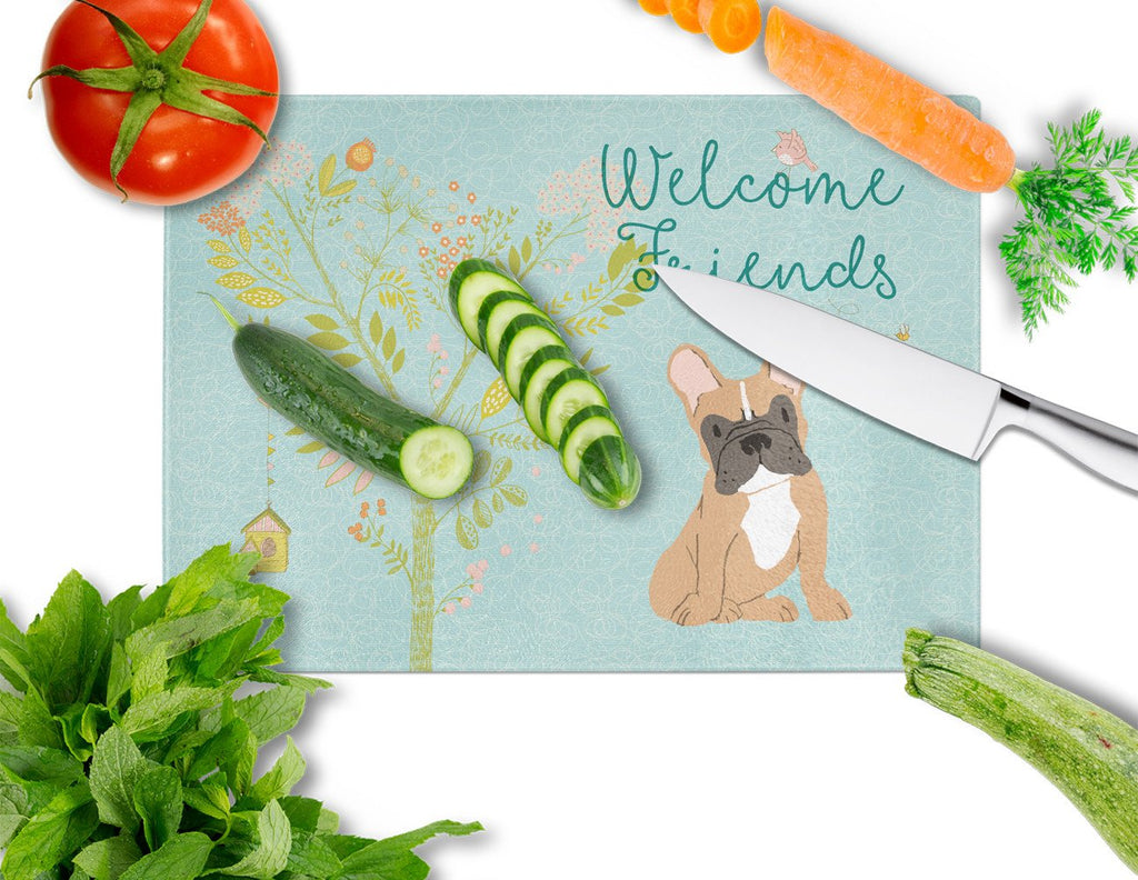 Welcome Friends Fawn French Bulldog Cutting Board Tempered Glass Kitchen Cutting Surface, Heat Resistant Chopping, Non-Slip Feet, Food Prep & Serving