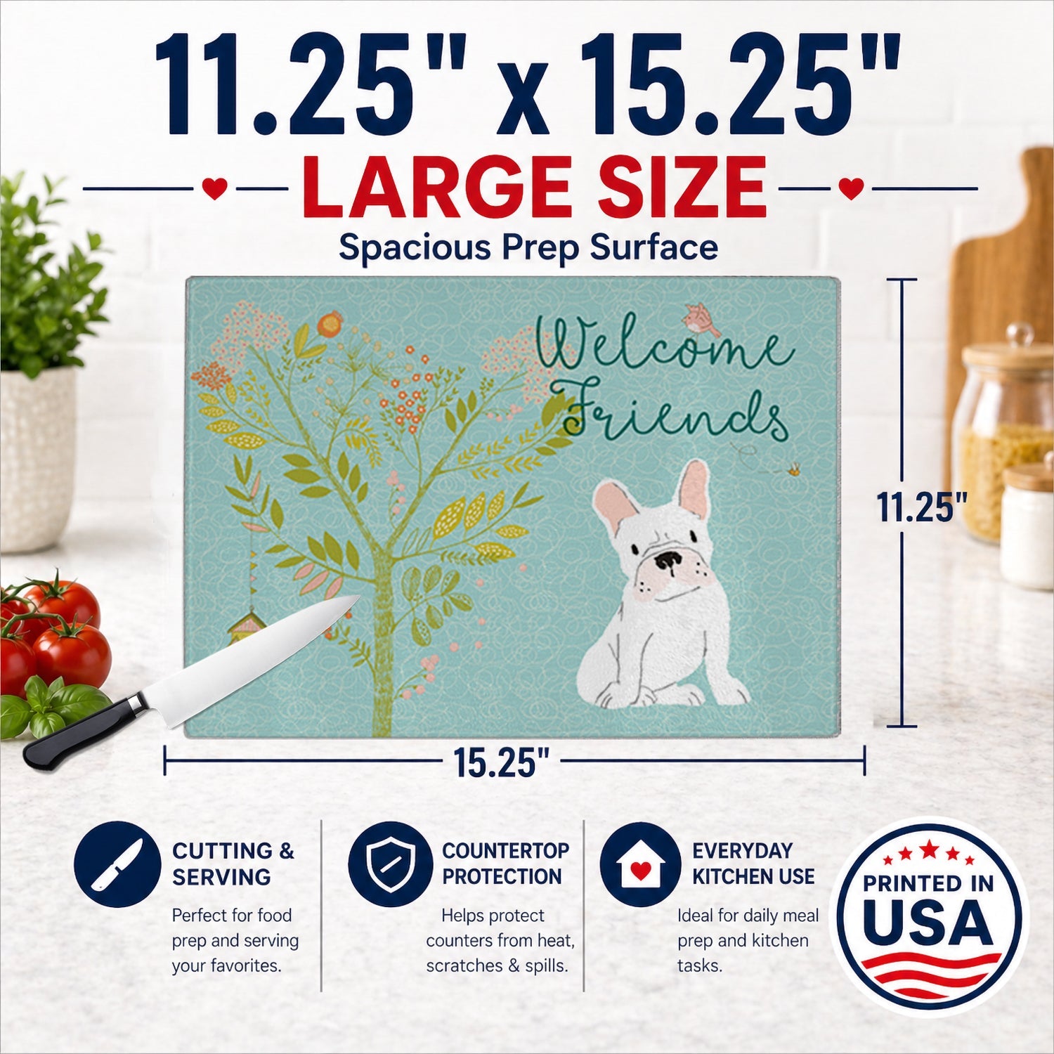 Welcome Friends White French Bulldog Cutting Board Tempered Glass Kitchen Cutting Surface, Heat Resistant Chopping, Non-Slip Feet, Food Prep & Serving
