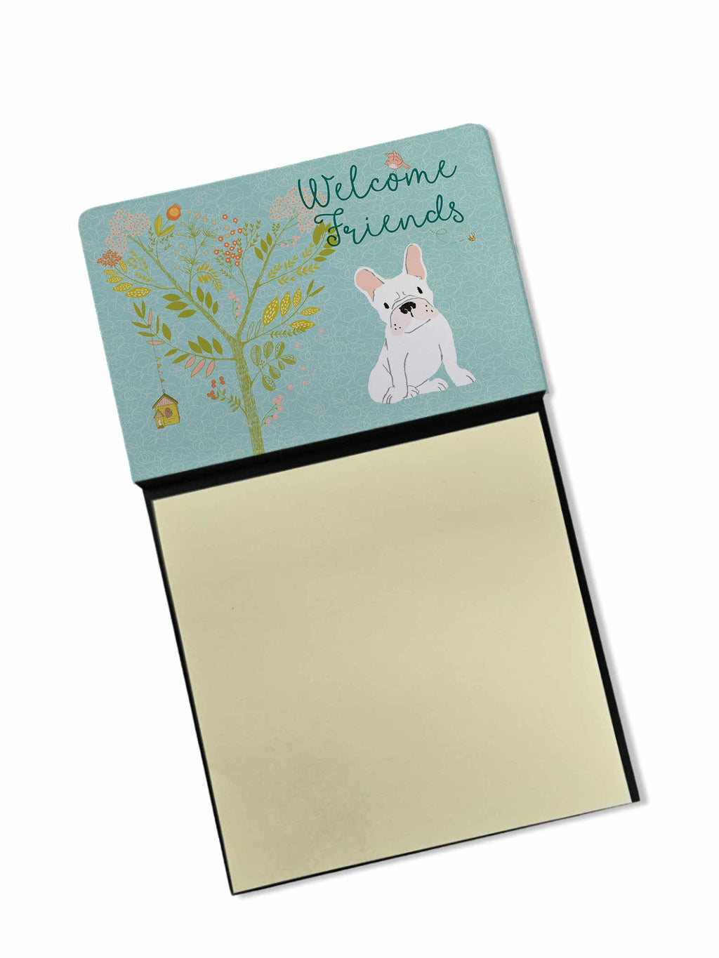 Welcome Friends White French Bulldog Watercolor Sticky Note Holder Refillable Dispenser Desk Accessory 3x3 Pad Gift