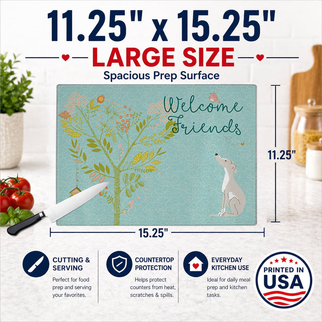 Welcome Friends Italian Greyhound Cutting Board Tempered Glass Kitchen Cutting Surface, Heat Resistant Chopping, Non-Slip Feet, Food Prep & Serving