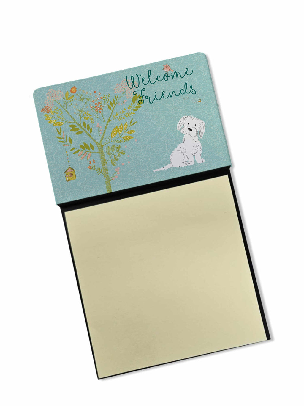 Welcome Friends Maltese Watercolor Sticky Note Holder Refillable Dispenser Desk Accessory 3x3 Pad Gift