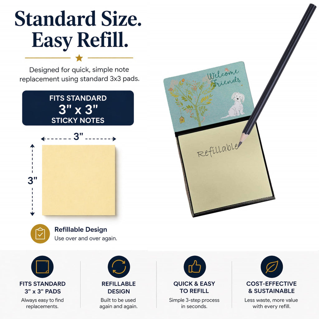 Welcome Friends Maltese Watercolor Sticky Note Holder Refillable Dispenser Desk Accessory 3x3 Pad Gift