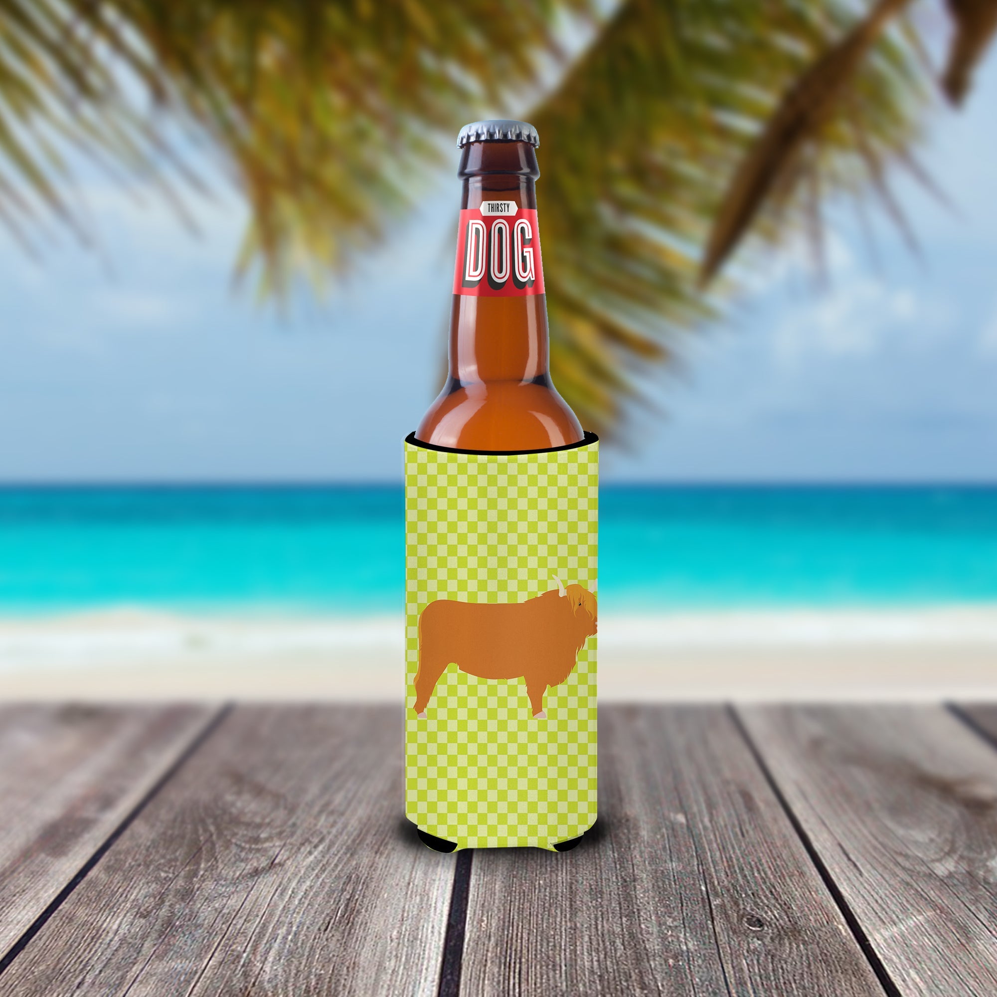 Highland Cow Green Slim Can Hugger , Insulated Foam Hugger for 12 oz Slim Cans, Beer Bottles & Water Bottles, Printed in USA