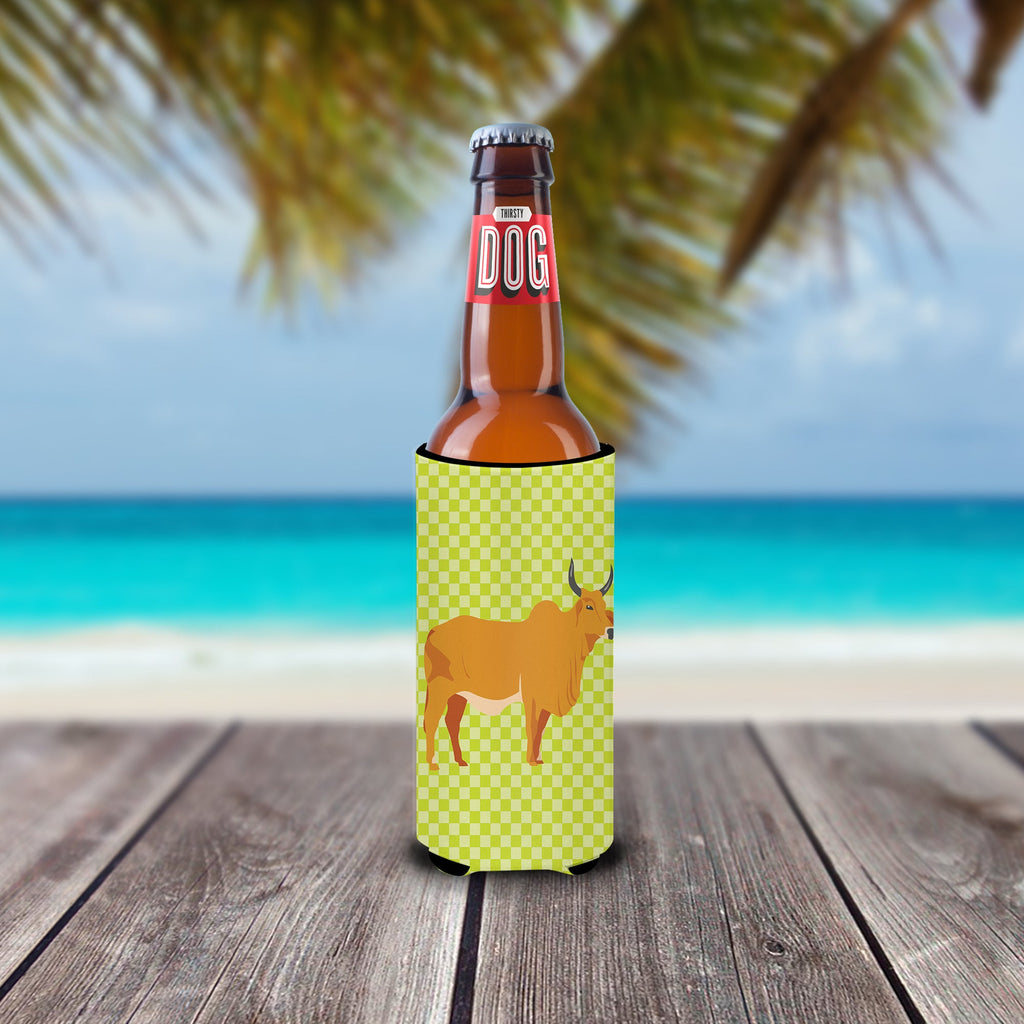Zebu Indicine Cow Green Slim Can Hugger , Insulated Foam Hugger for 12 oz Slim Cans, Beer Bottles & Water Bottles, Printed in USA