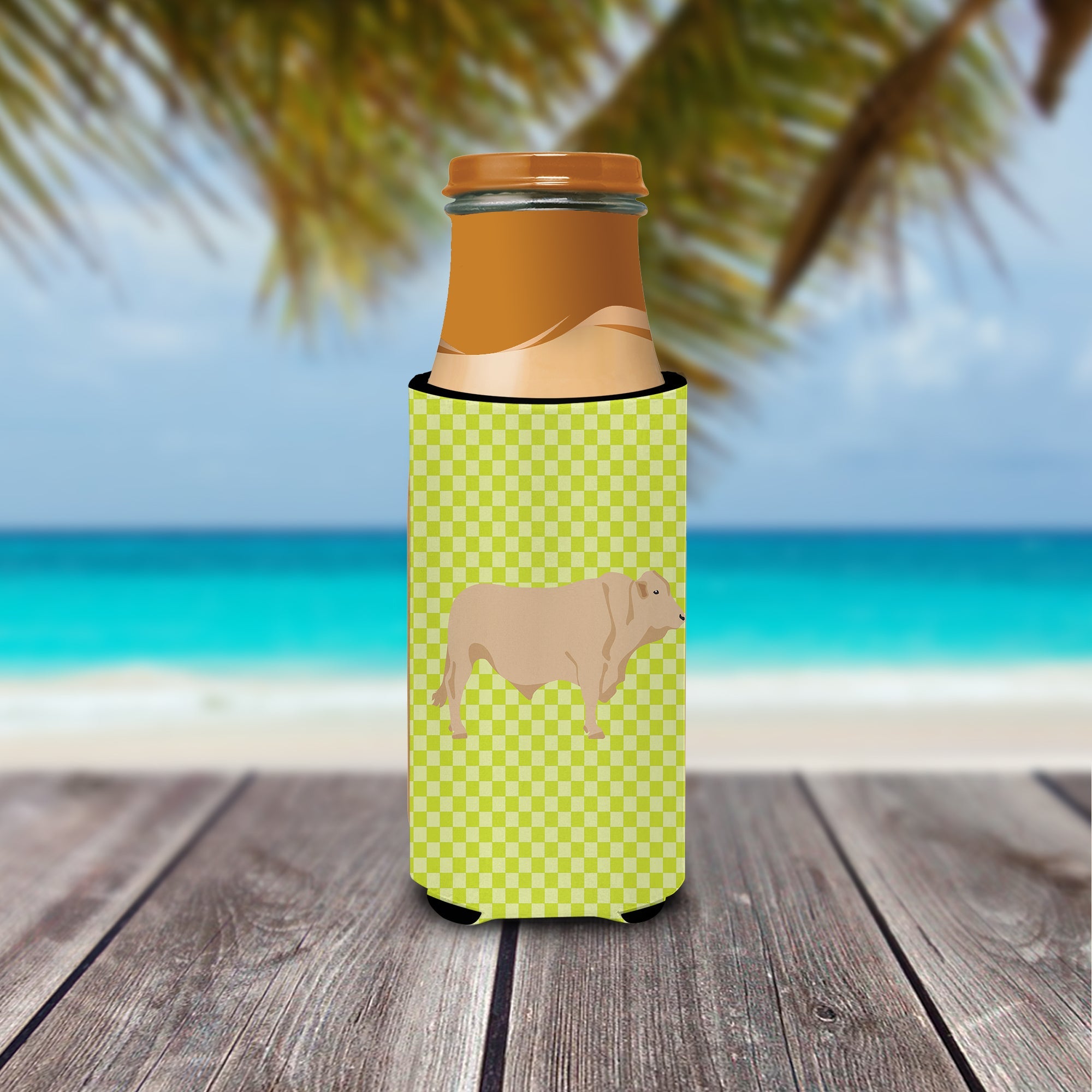 Charolais Cow Green Slim Can Hugger , Insulated Foam Hugger for 12 oz Slim Cans, Beer Bottles & Water Bottles, Printed in USA