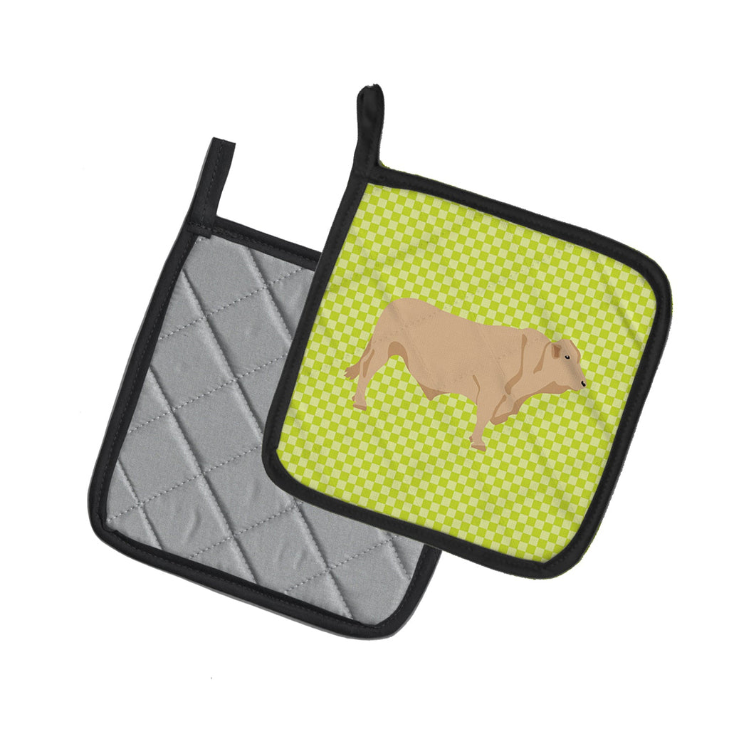 Charolais Cow Green Pot Holder Set of 2 Heat Resistant Quilted Hot Pads 7.5 x 7.5 Inch, Insulated Kitchen Trivets for Cooking & Baking