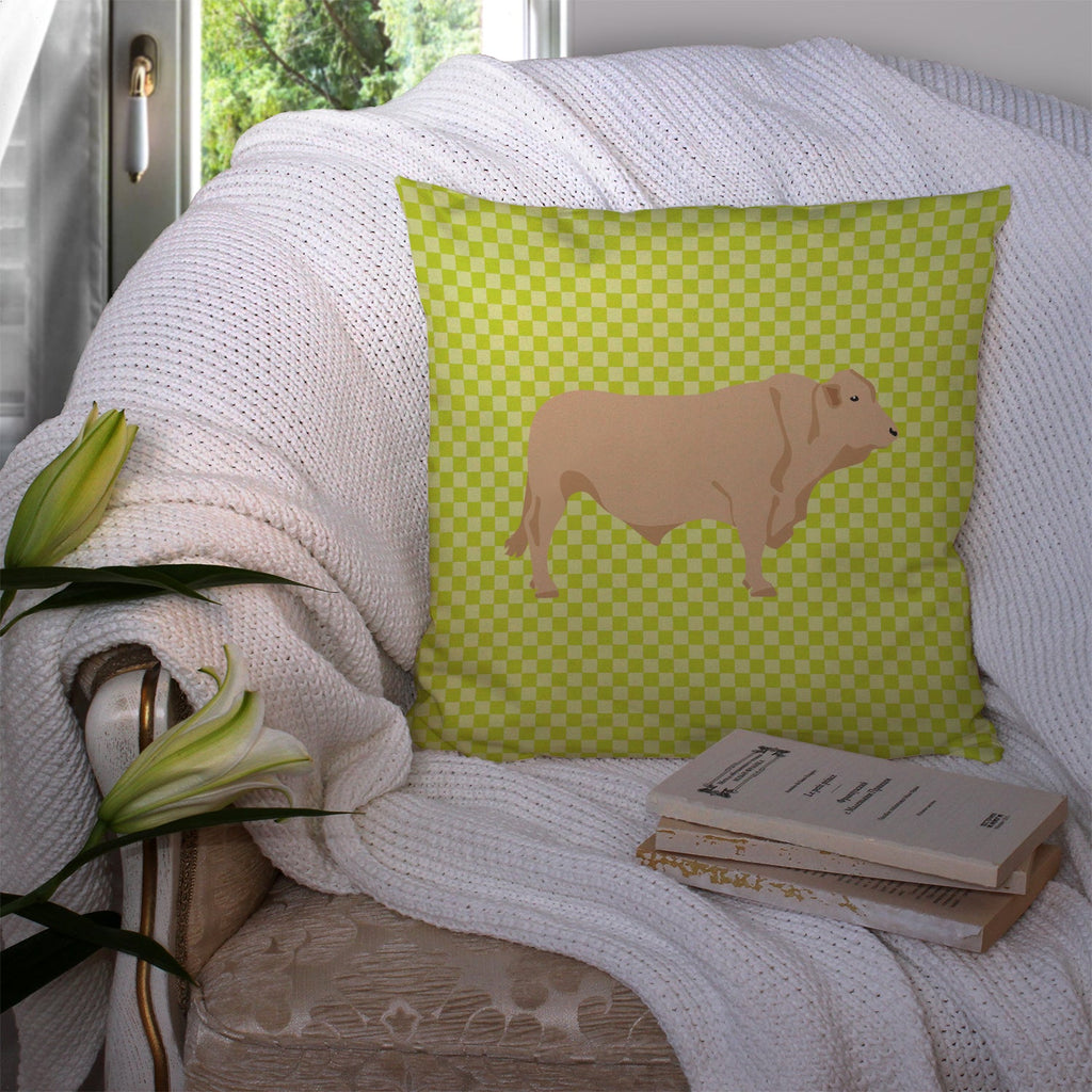 Charolais Cow Green Decorative Throw Pillow 14x14 Indoor Outdoor Accent Cushion, Fabric Cover with Insert for Sofa, Bed, Porch & Living Room