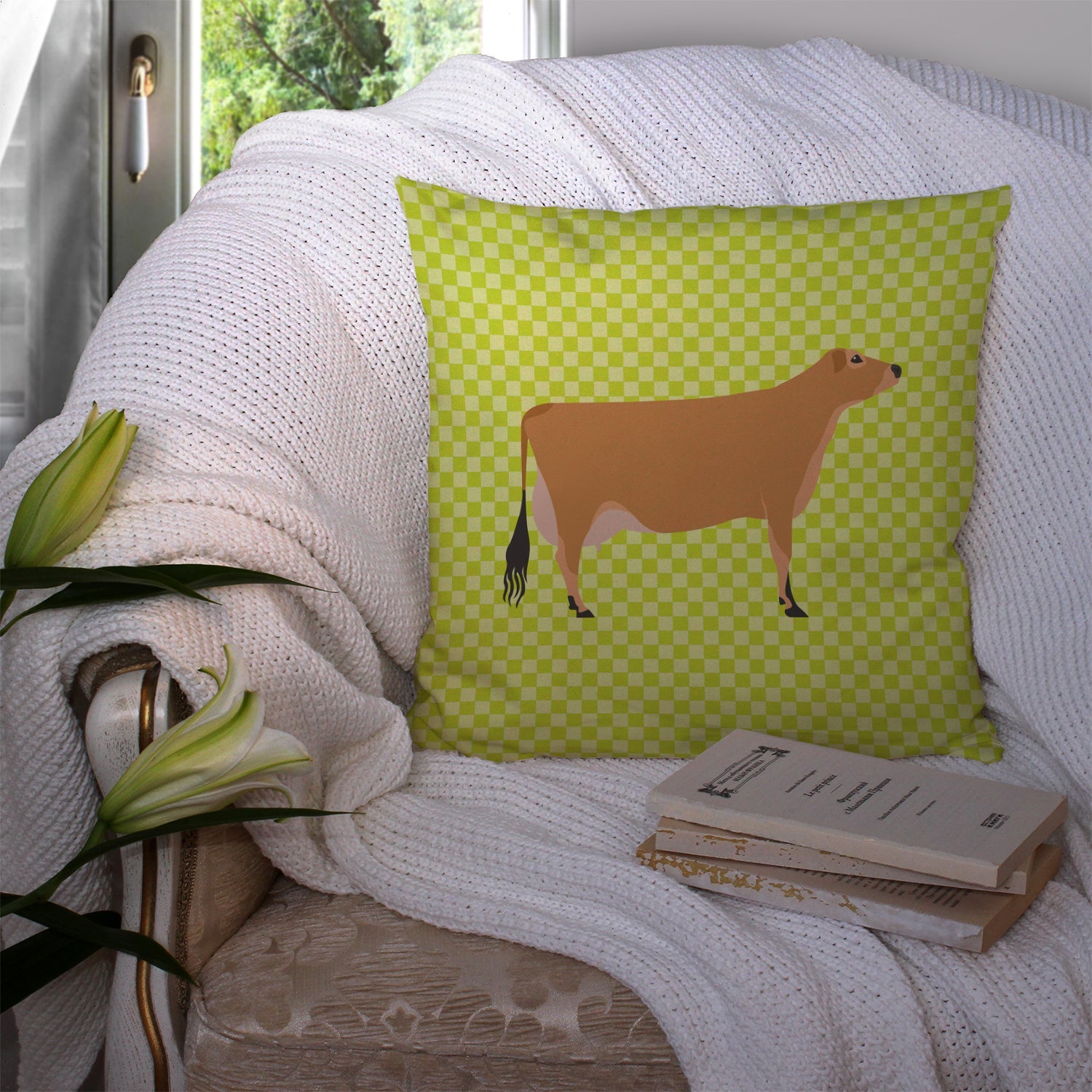 Jersey Cow Green Decorative Throw Pillow 14x14 Indoor Outdoor Accent Cushion, Fabric Cover with Insert for Sofa, Bed, Porch & Living Room