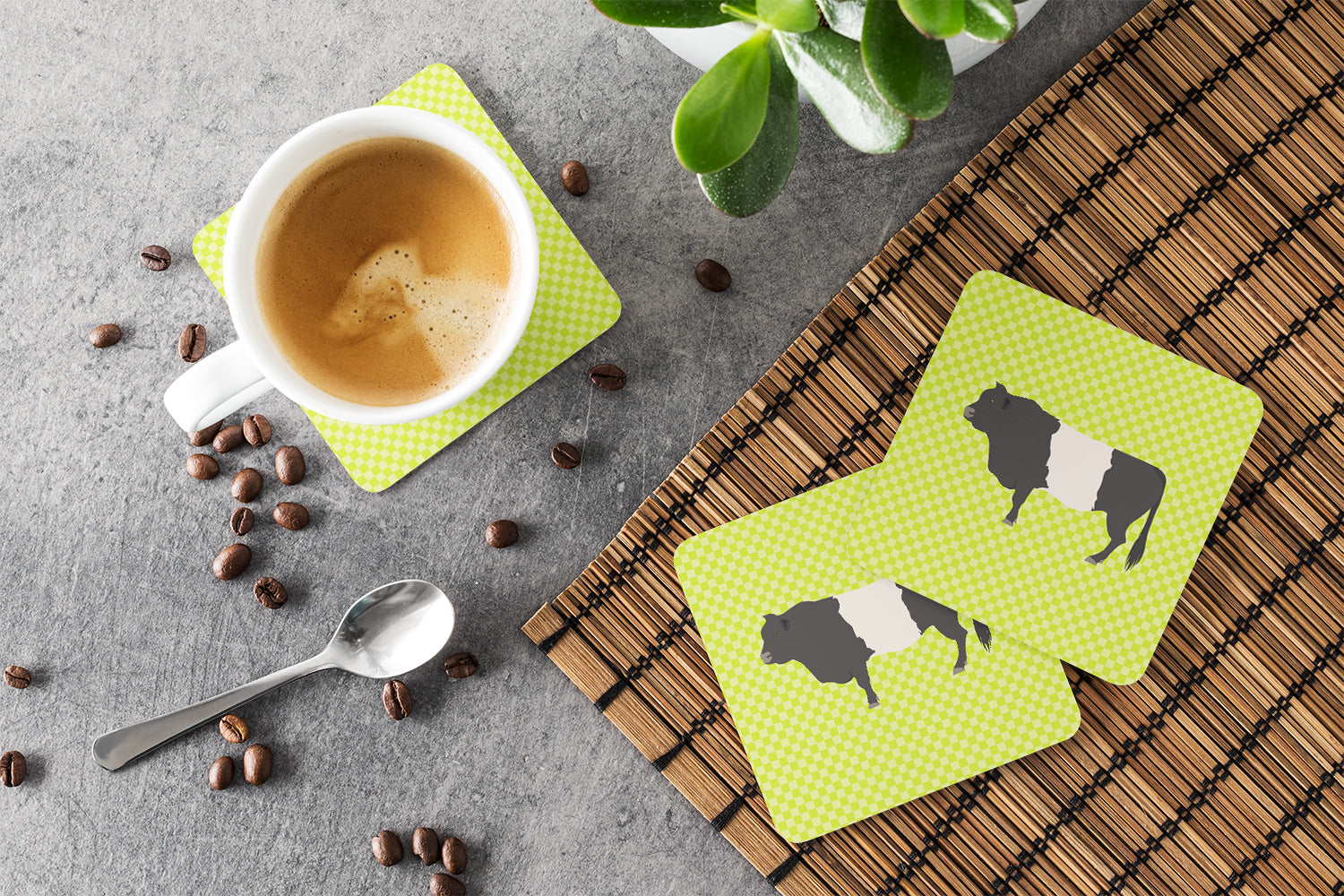 Belted Galloway Cow Green Foam Coasters Set of 4 Cup Coasters for Indoor Outdoor, Tabletop Protection, Anti Slip, Mouse pad Material
