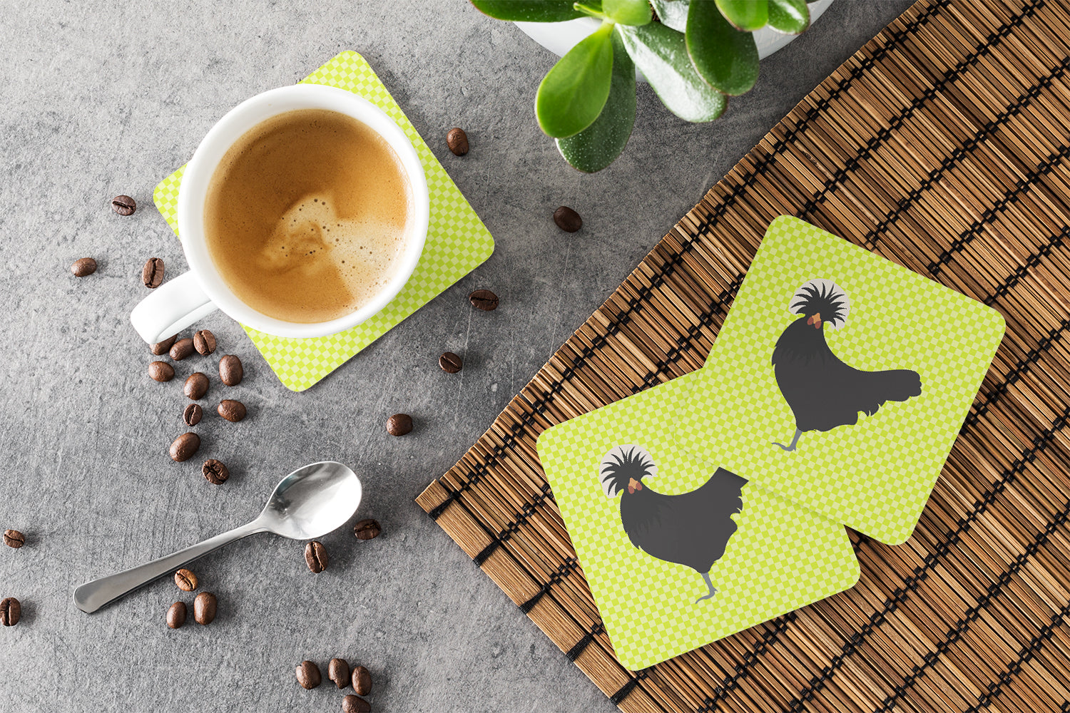 Polish Poland Chicken Green Foam Coasters Set of 4 Cup Coasters for Indoor Outdoor, Tabletop Protection, Anti Slip, Mouse pad Material