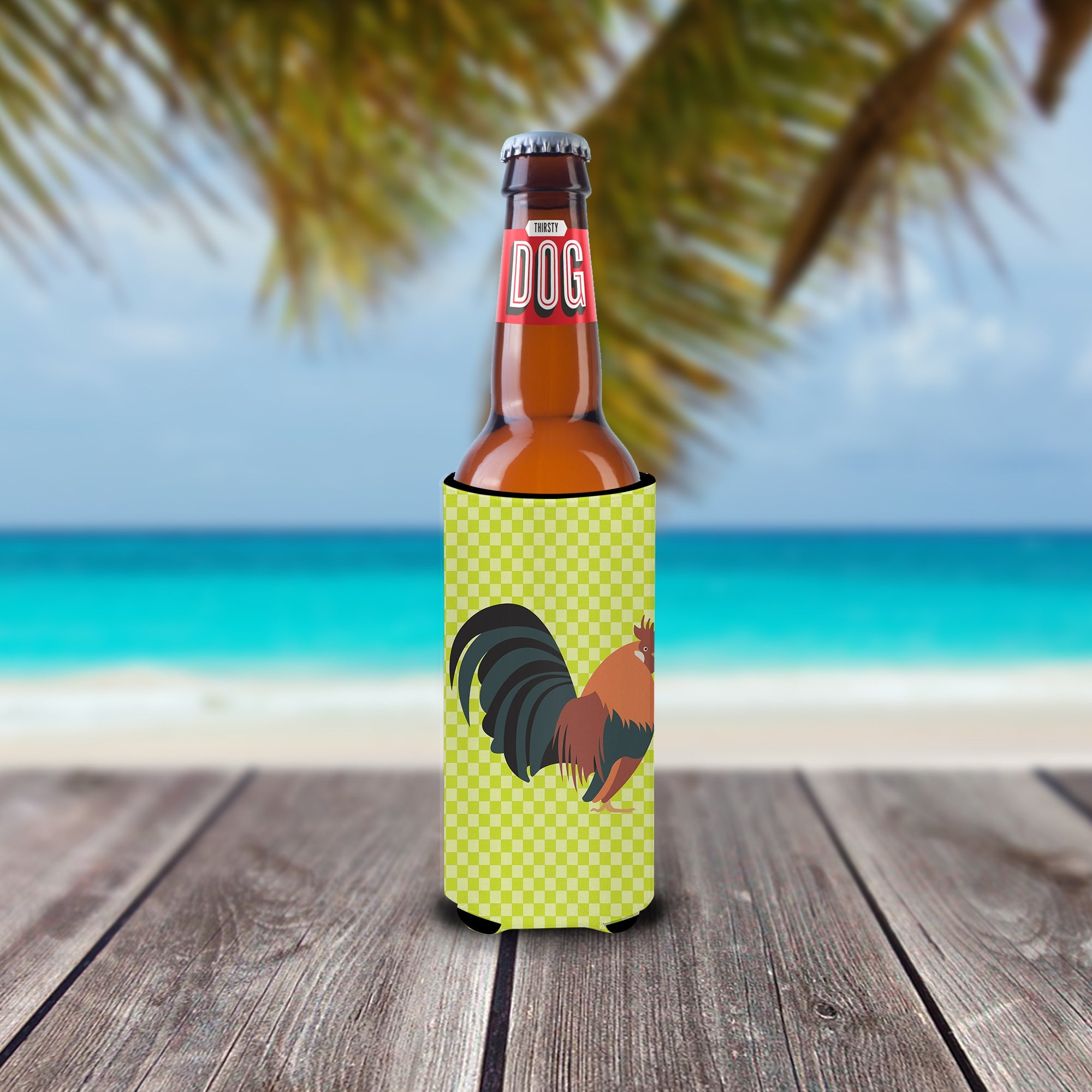 Dutch Bantam Chicken Green Slim Can Hugger , Insulated Foam Hugger for 12 oz Slim Cans, Beer Bottles & Water Bottles, Printed in USA