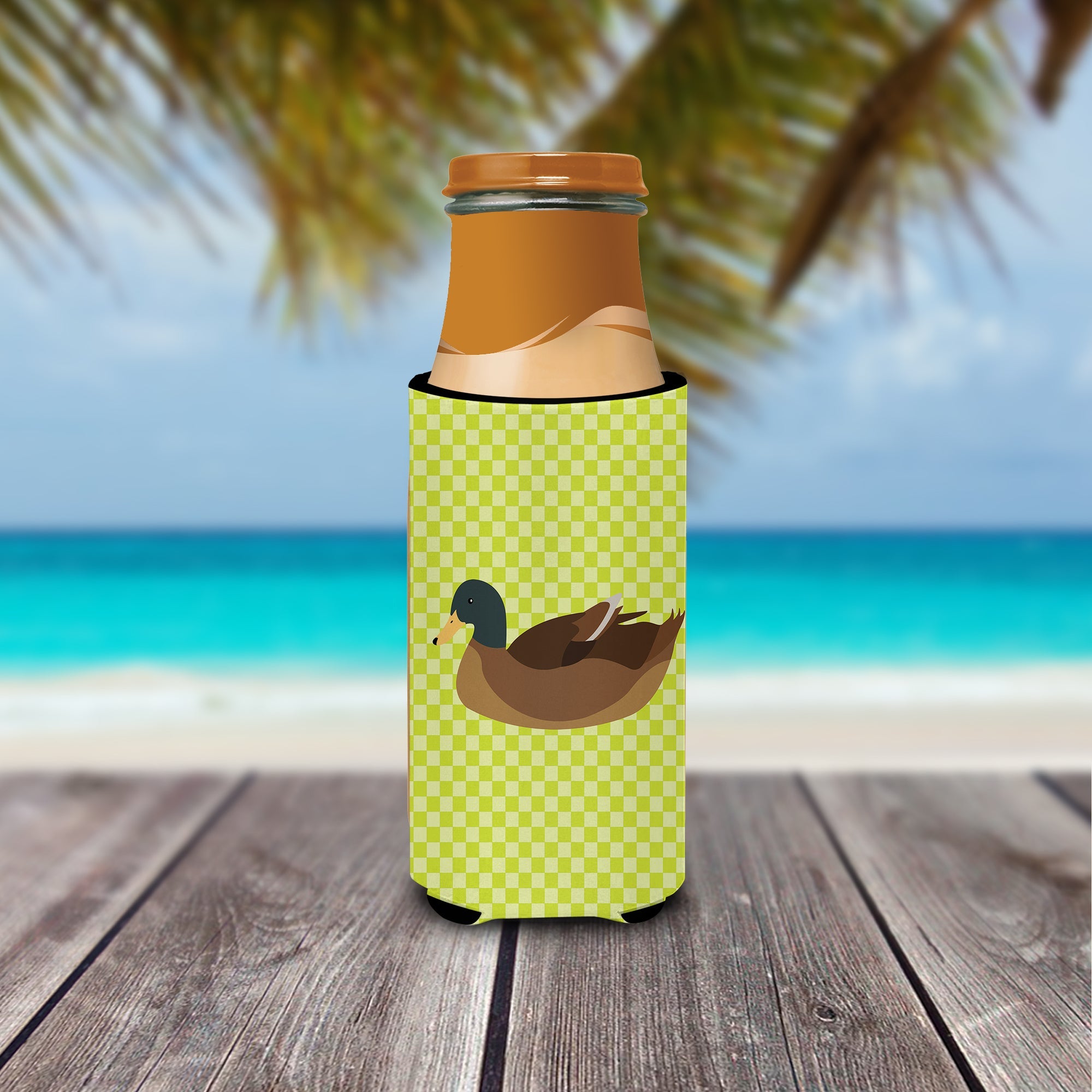 Khaki Campbell Duck Green Slim Can Hugger , Insulated Foam Hugger for 12 oz Slim Cans, Beer Bottles & Water Bottles, Printed in USA