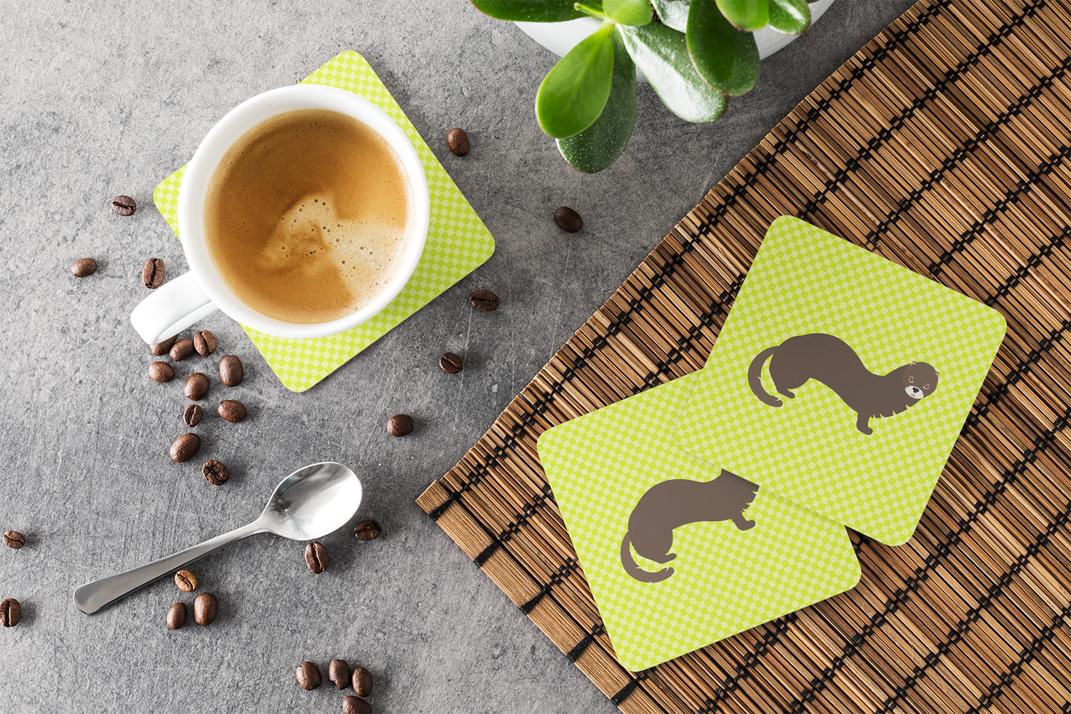 Russian or European Mink Green Foam Coasters Set of 4 Cup Coasters for Indoor Outdoor, Tabletop Protection, Anti Slip, Mouse pad Material