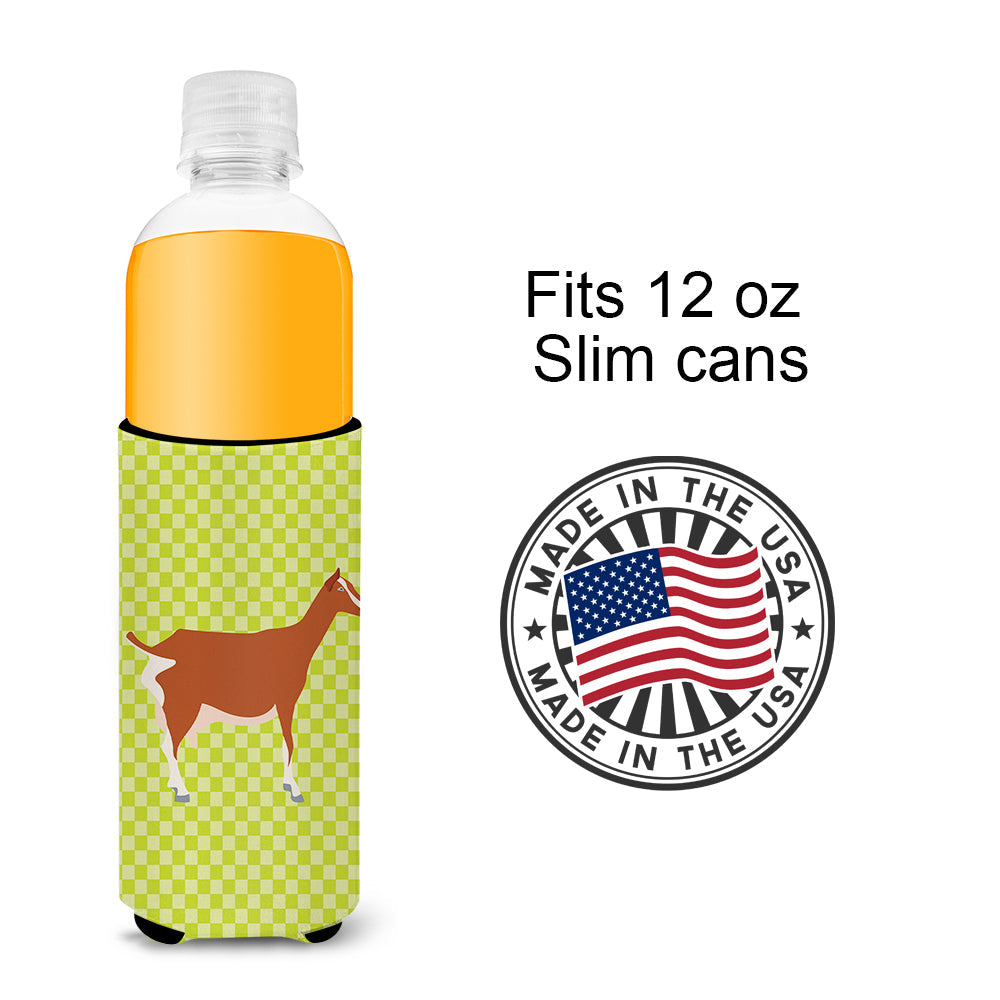 Toggenburger Goat Green Slim Can Hugger , Insulated Foam Hugger for 12 oz Slim Cans, Beer Bottles & Water Bottles, Printed in USA