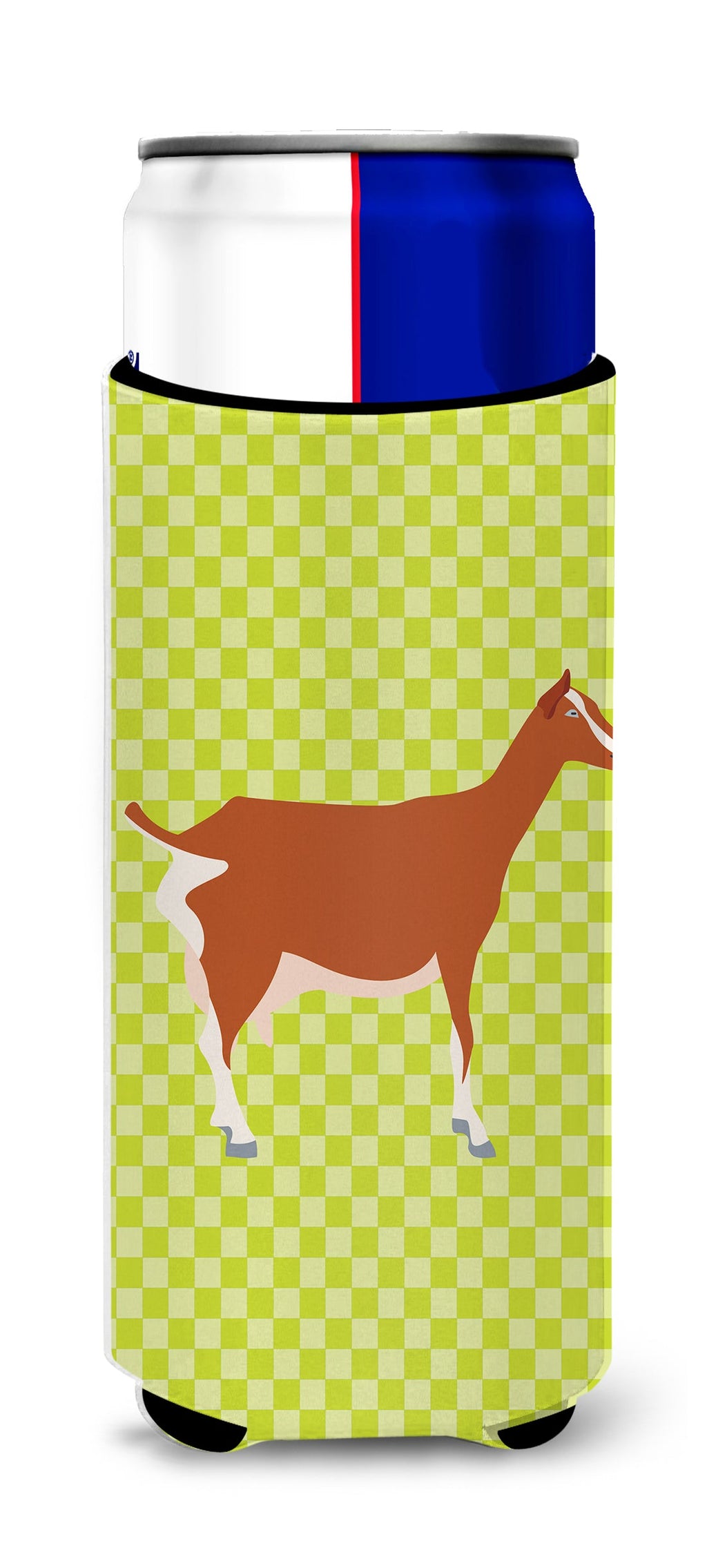Toggenburger Goat Green Slim Can Hugger , Insulated Foam Hugger for 12 oz Slim Cans, Beer Bottles & Water Bottles, Printed in USA