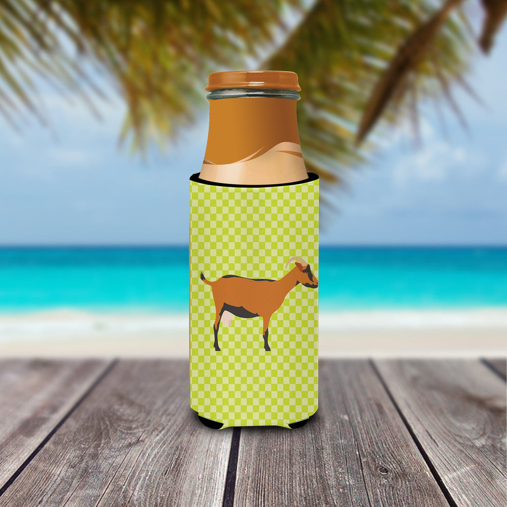 Oberhasli Goat Green Slim Can Hugger , Insulated Foam Hugger for 12 oz Slim Cans, Beer Bottles & Water Bottles, Printed in USA