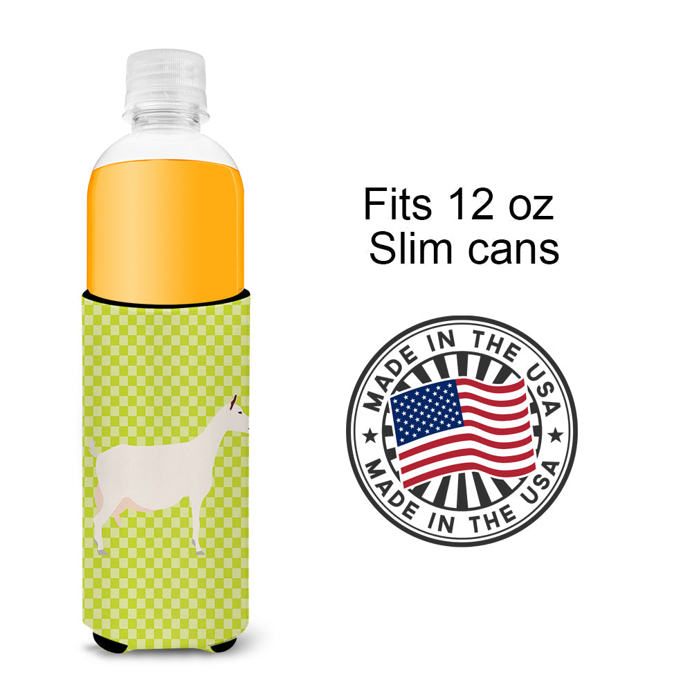 Saanen Goat Green Slim Can Hugger , Insulated Foam Hugger for 12 oz Slim Cans, Beer Bottles & Water Bottles, Printed in USA