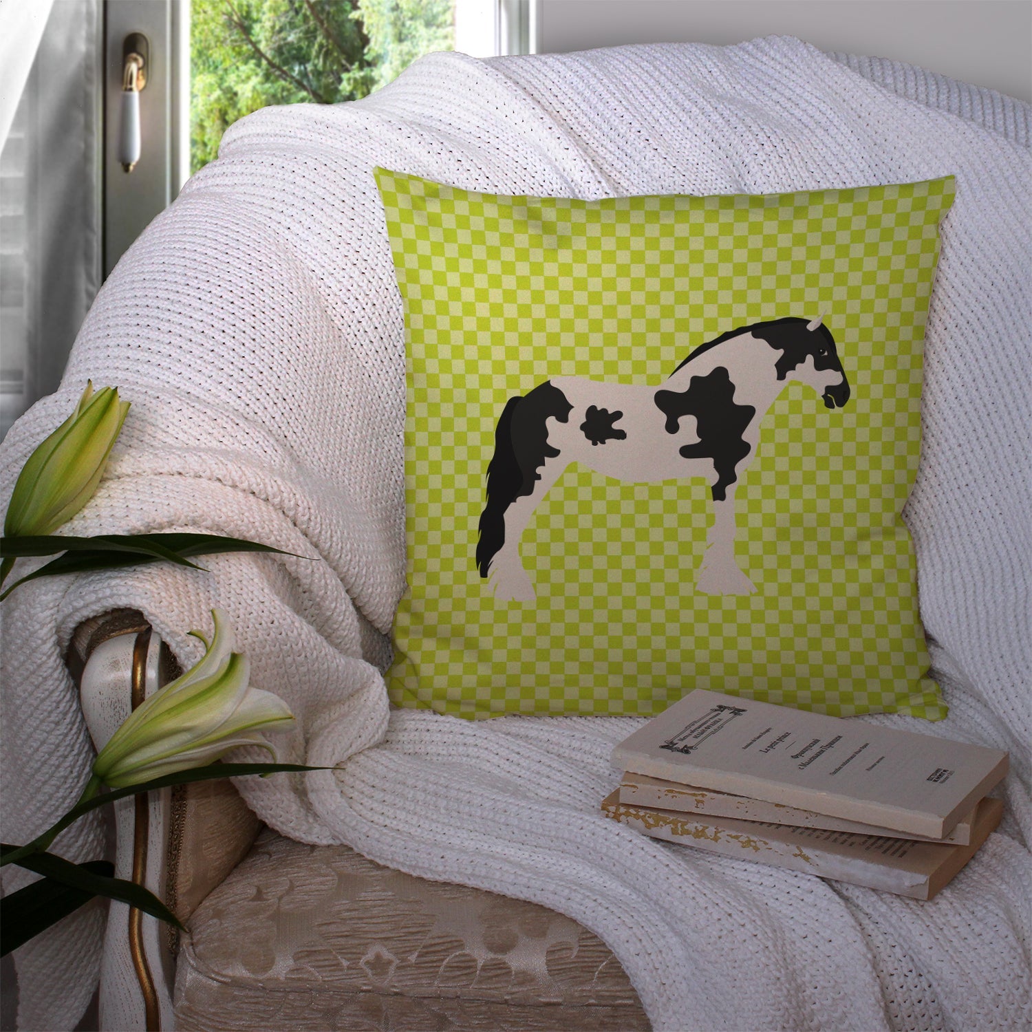 Cyldesdale Horse Green Decorative Throw Pillow 14x14 Indoor Outdoor Accent Cushion, Fabric Cover with Insert for Sofa, Bed, Porch & Living Room
