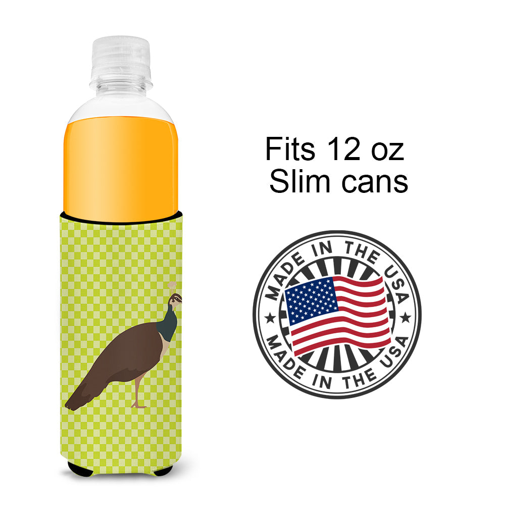 Indian Peahen Peafowl Green Slim Can Hugger , Insulated Foam Hugger for 12 oz Slim Cans, Beer Bottles & Water Bottles, Printed in USA