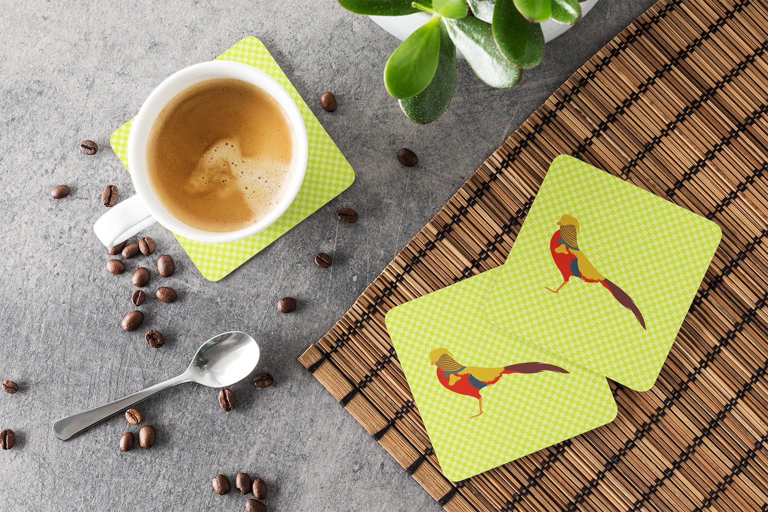 Golden or Chinese Pheasant Green Foam Coasters Set of 4 Cup Coasters for Indoor Outdoor, Tabletop Protection, Anti Slip, Mouse pad Material