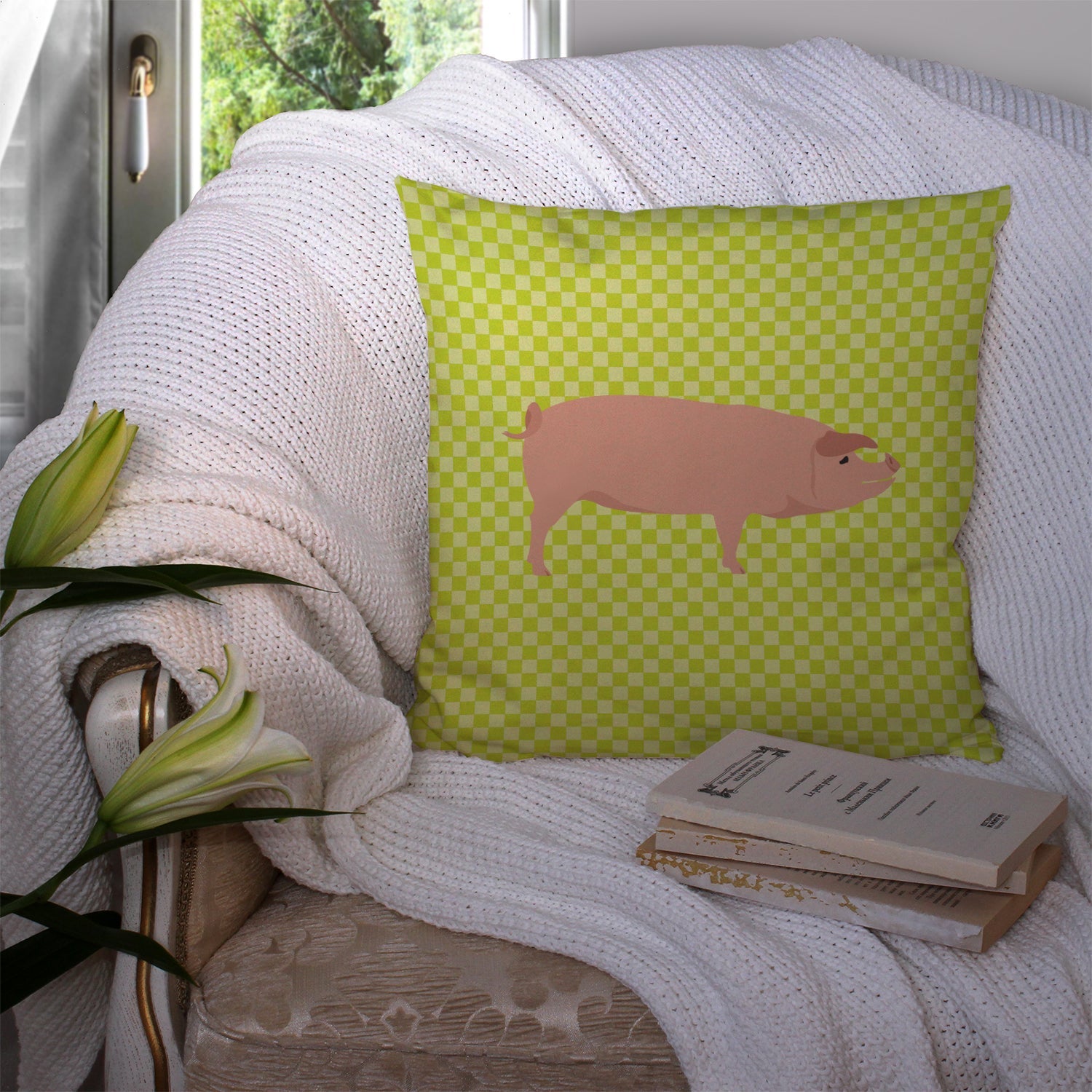 American Landrace Pig Green Decorative Throw Pillow 14x14 Indoor Outdoor Accent Cushion, Fabric Cover with Insert for Sofa, Bed, Porch & Living Room