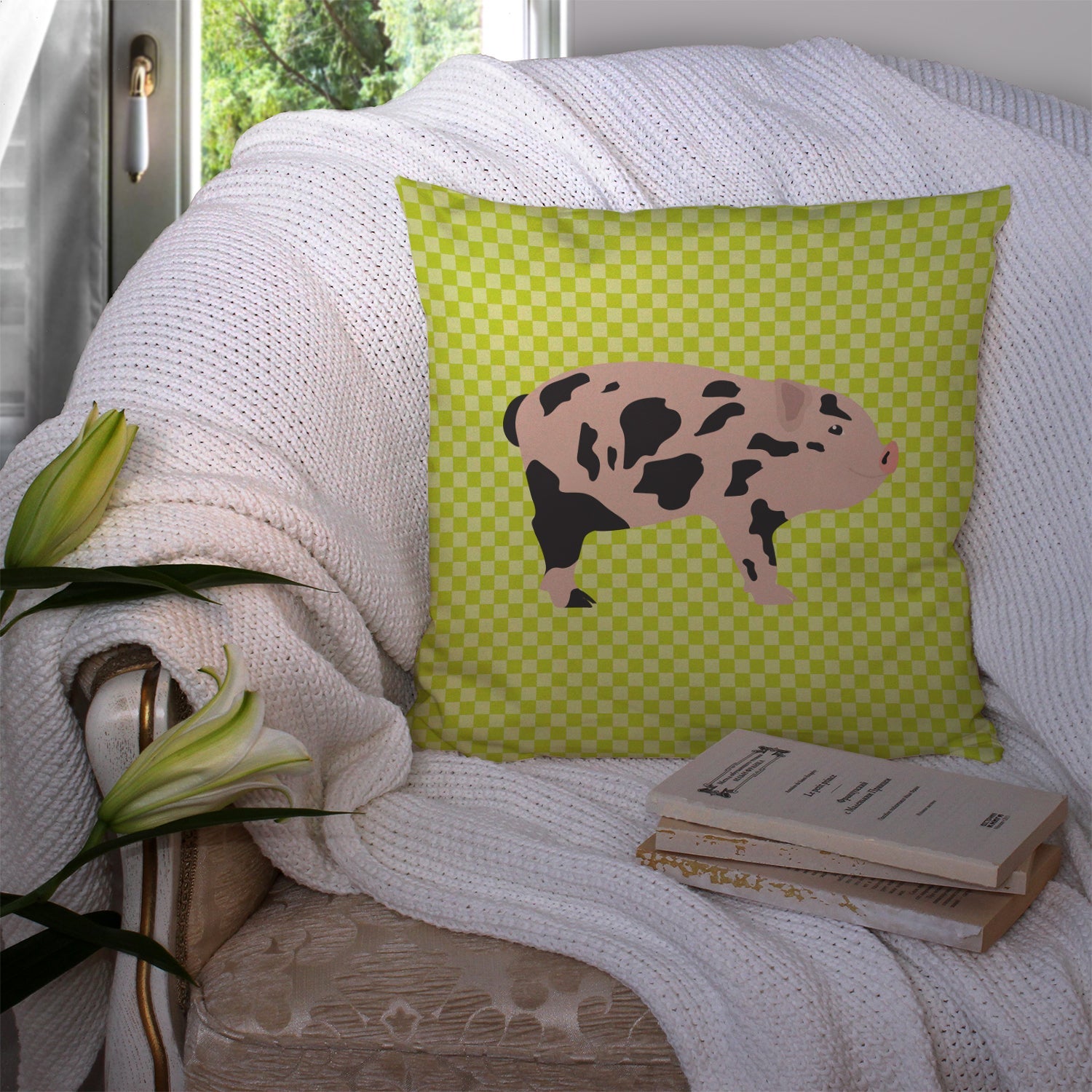 Mini Miniature Pig Green Decorative Throw Pillow 14x14 Indoor Outdoor Accent Cushion, Fabric Cover with Insert for Sofa, Bed, Porch & Living Room