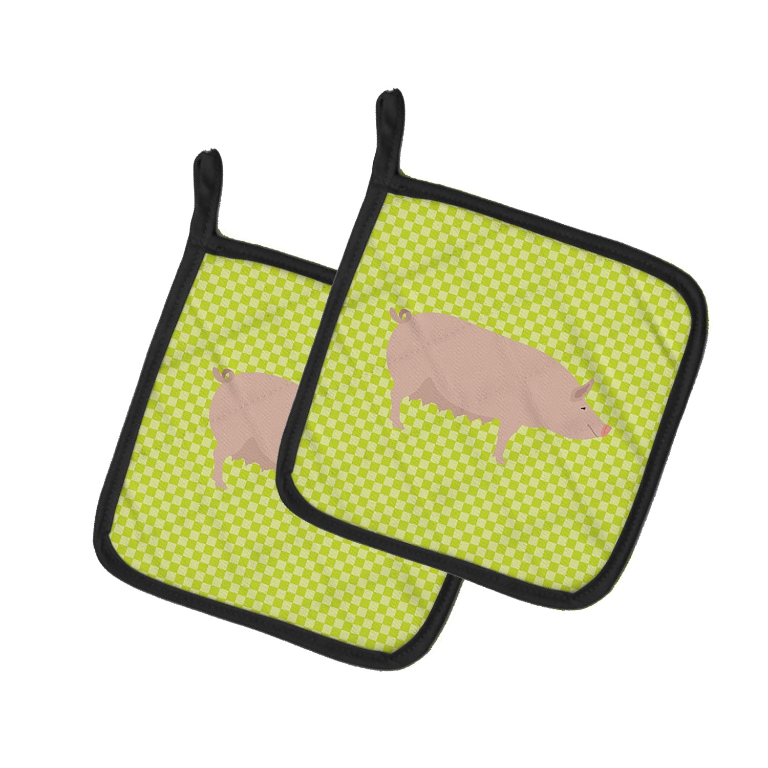 English Large White Pig Green Pot Holder Set of 2 Heat Resistant Quilted Hot Pads 7.5 x 7.5 Inch, Insulated Kitchen Trivets for Cooking & Baking
