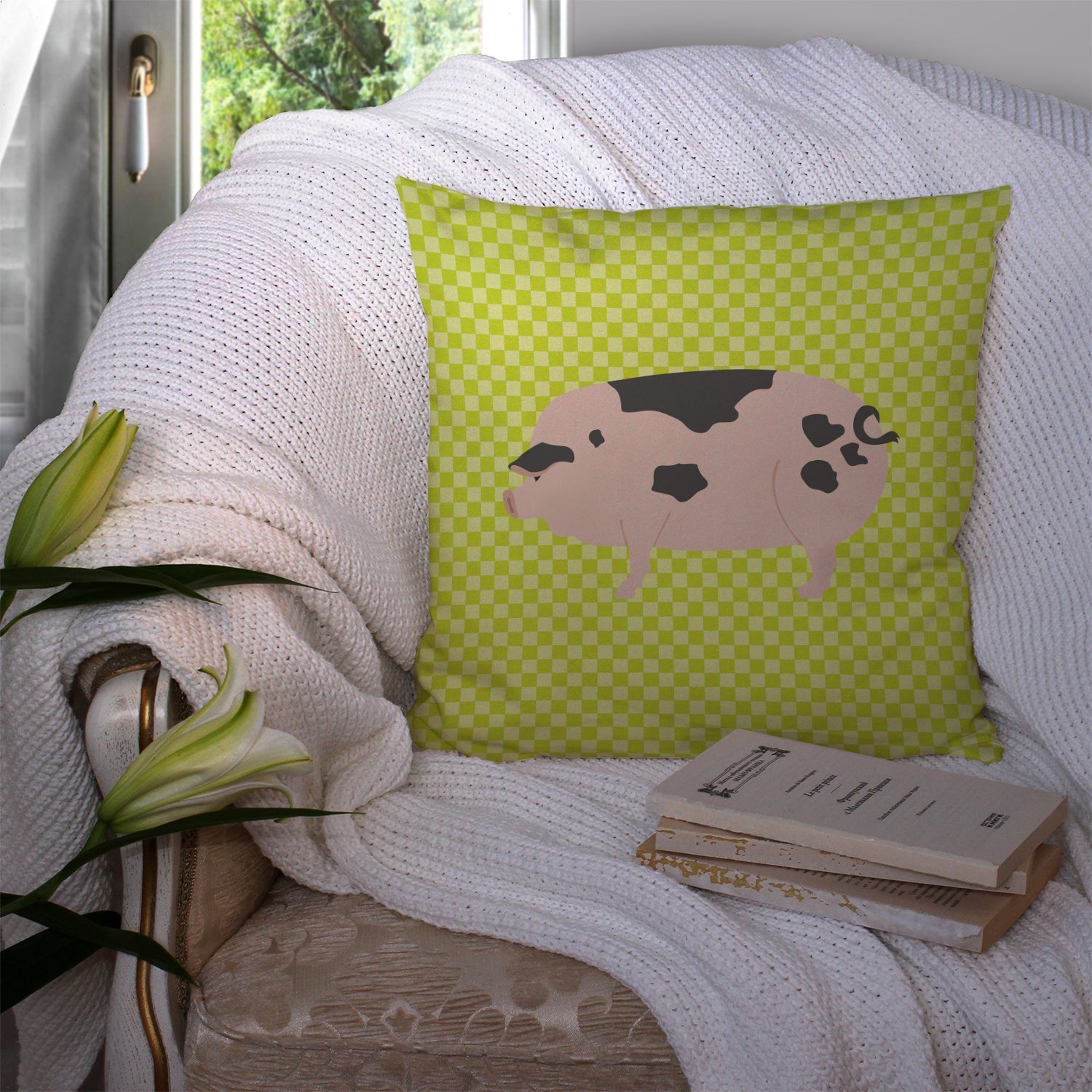 Gloucester Old Spot Pig Green Decorative Throw Pillow 14x14 Indoor Outdoor Accent Cushion, Fabric Cover with Insert for Sofa, Bed, Porch & Living Room