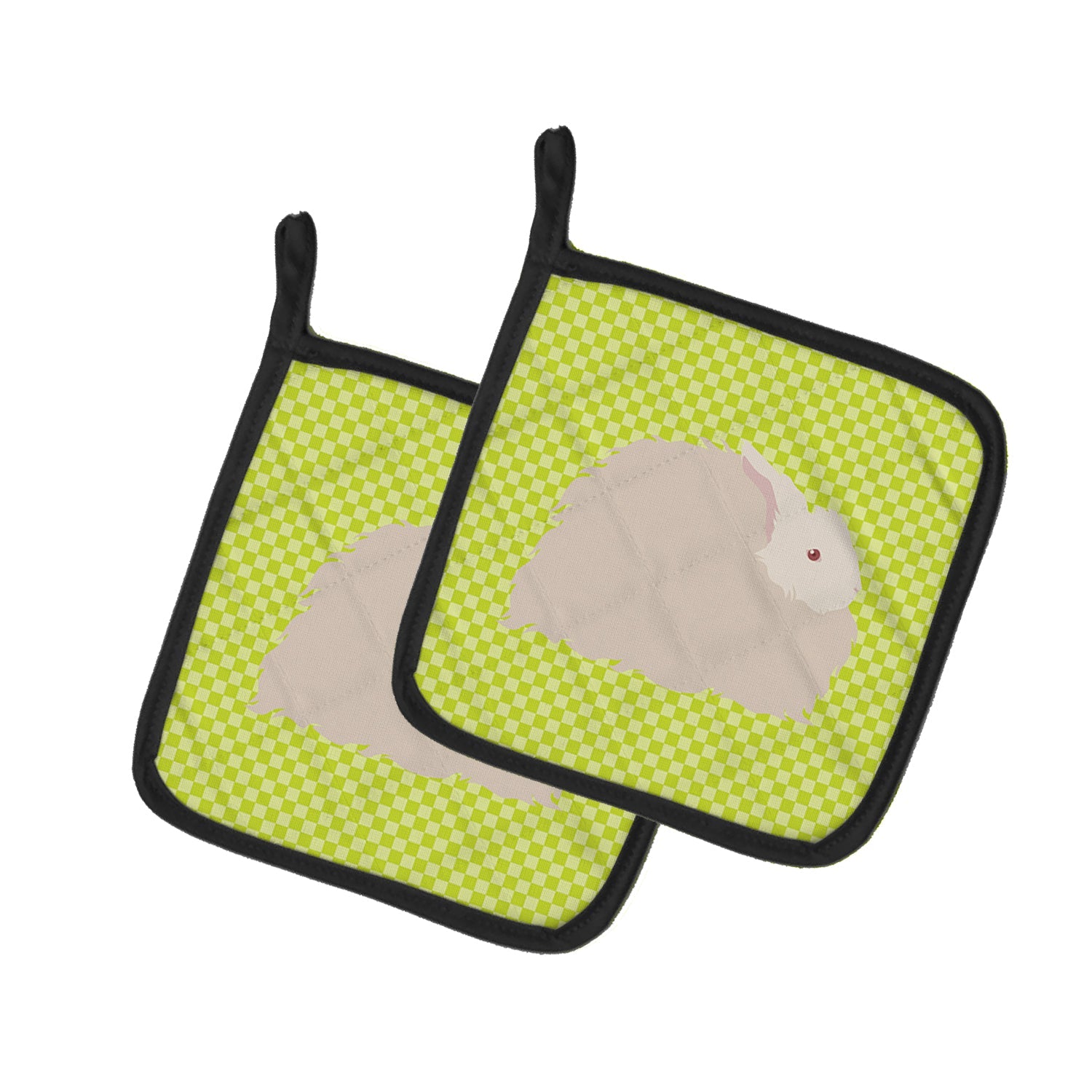 Fluffy Angora Rabbit Green Pot Holder Set of 2 Heat Resistant Quilted Hot Pads 7.5 x 7.5 Inch, Insulated Kitchen Trivets for Cooking & Baking