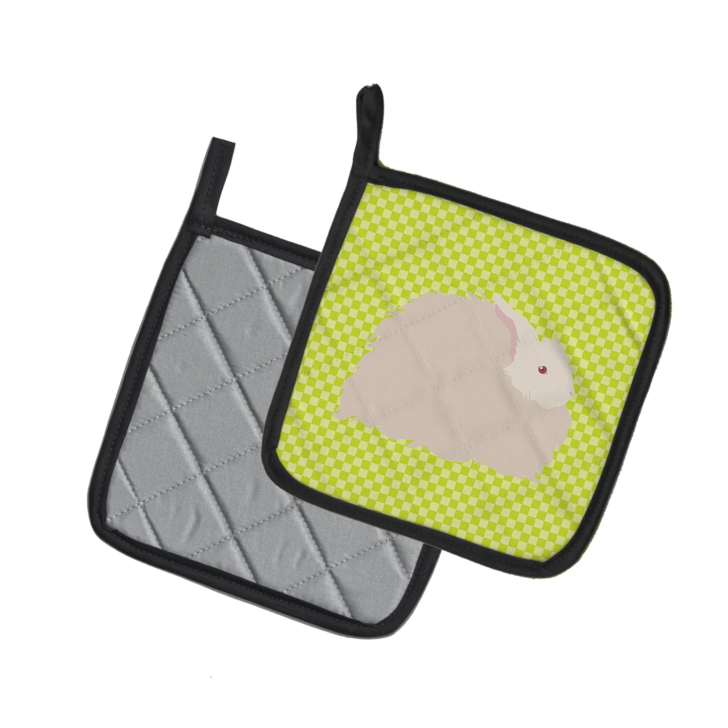 Fluffy Angora Rabbit Green Pot Holder Set of 2 Heat Resistant Quilted Hot Pads 7.5 x 7.5 Inch, Insulated Kitchen Trivets for Cooking & Baking
